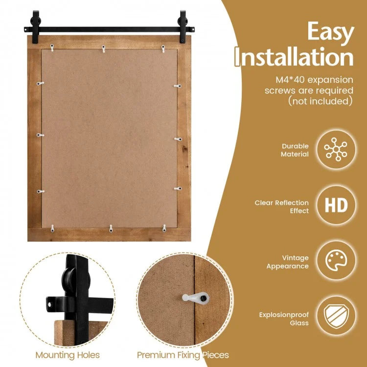 30 x 22 Inch Rustic Wall-Mounted Mirror with Solid Wood Frame and Metal Bracket - Brown