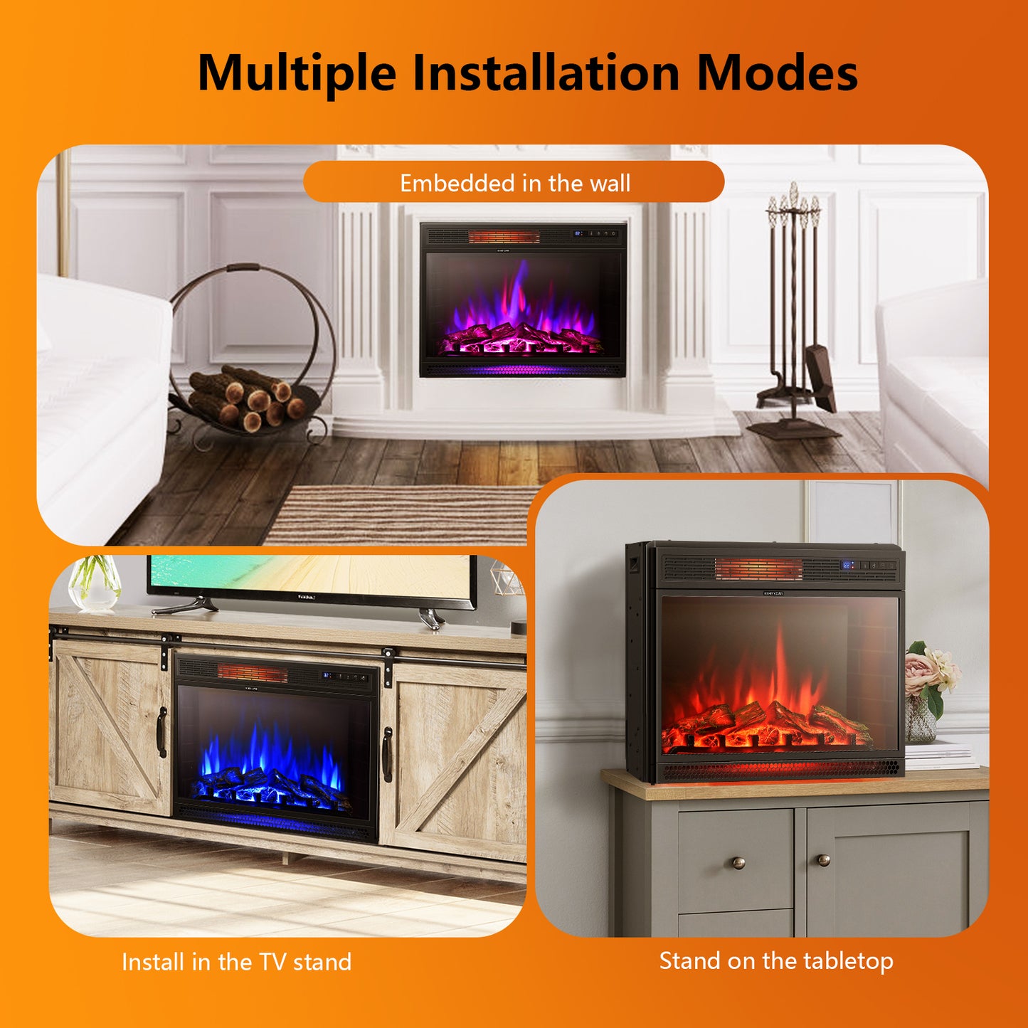 28 Inch Electric Fireplace Freestanding and Recessed with Remote Control