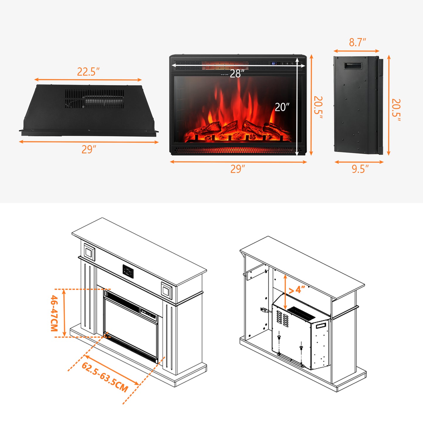 28 Inch Electric Fireplace Freestanding and Recessed with Remote Control