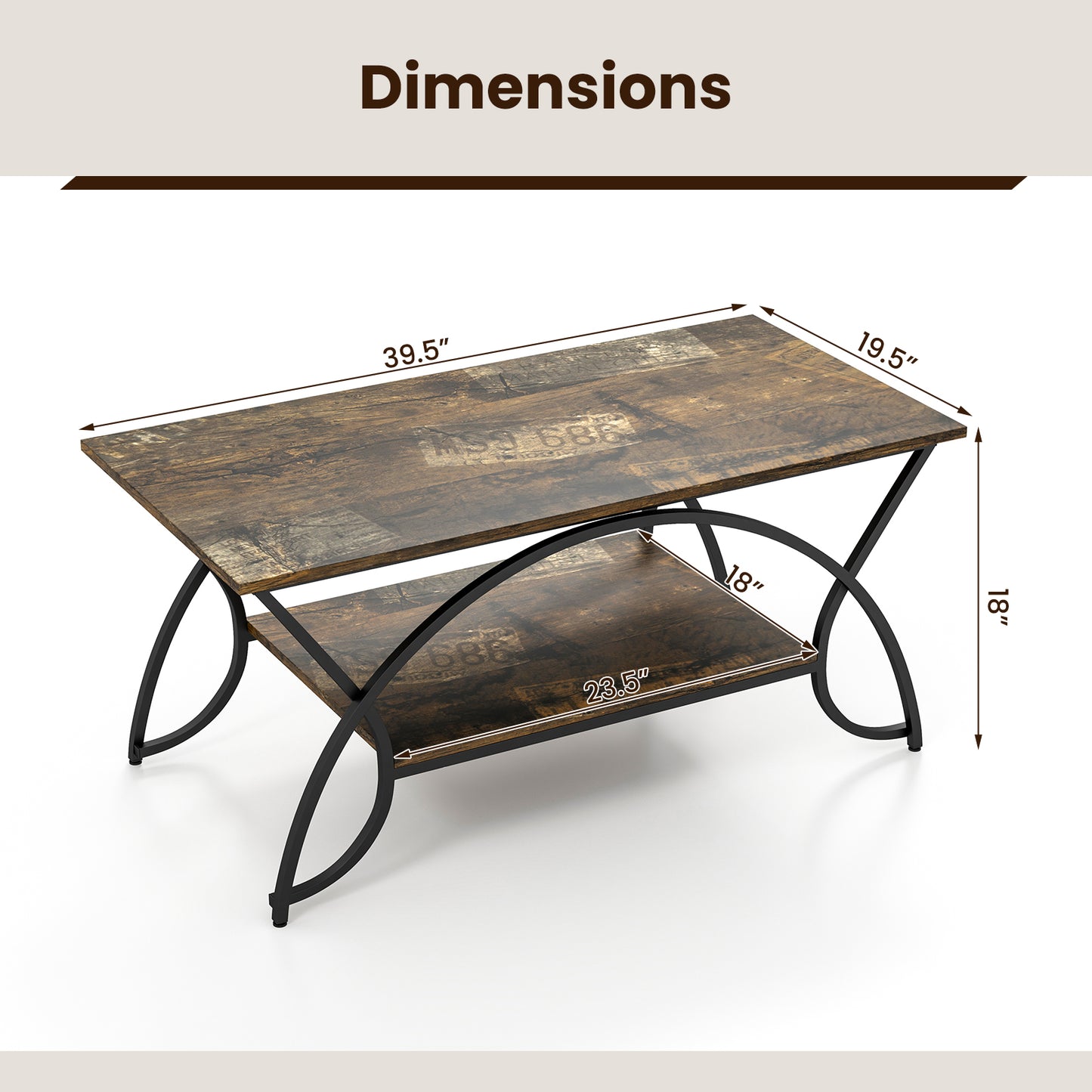 Modern 2 Tier Faux Marble Coffee Table with Metal Frame – Dark Brown