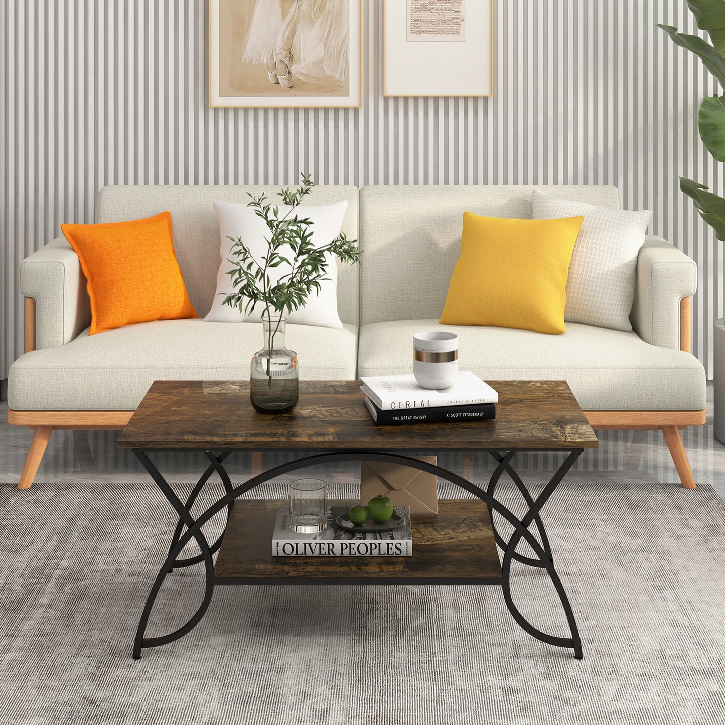 Modern 2 Tier Faux Marble Coffee Table with Metal Frame – Dark Brown