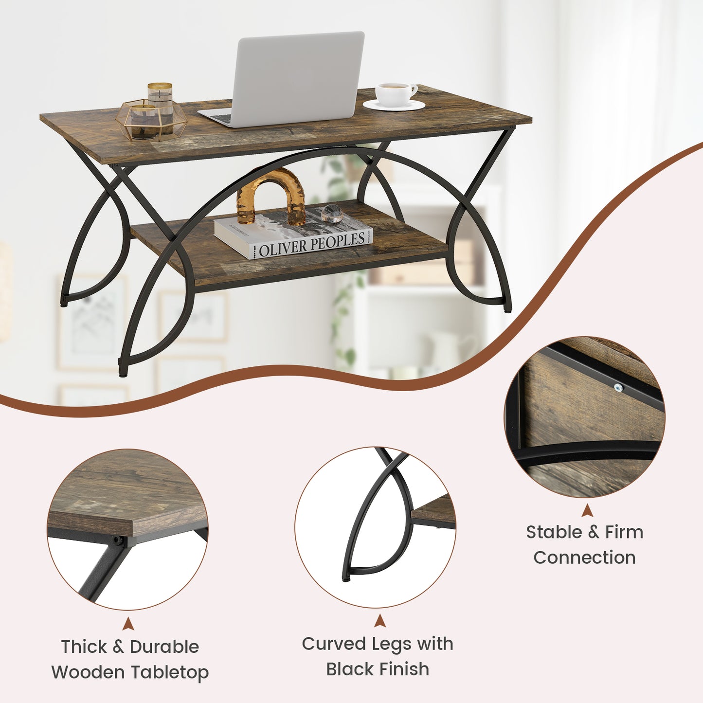Modern 2 Tier Faux Marble Coffee Table with Metal Frame – Dark Brown