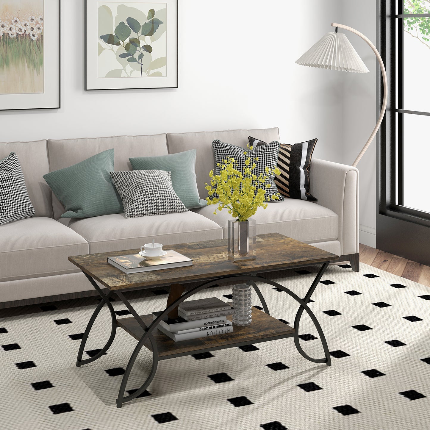Modern 2 Tier Faux Marble Coffee Table with Metal Frame – Dark Brown