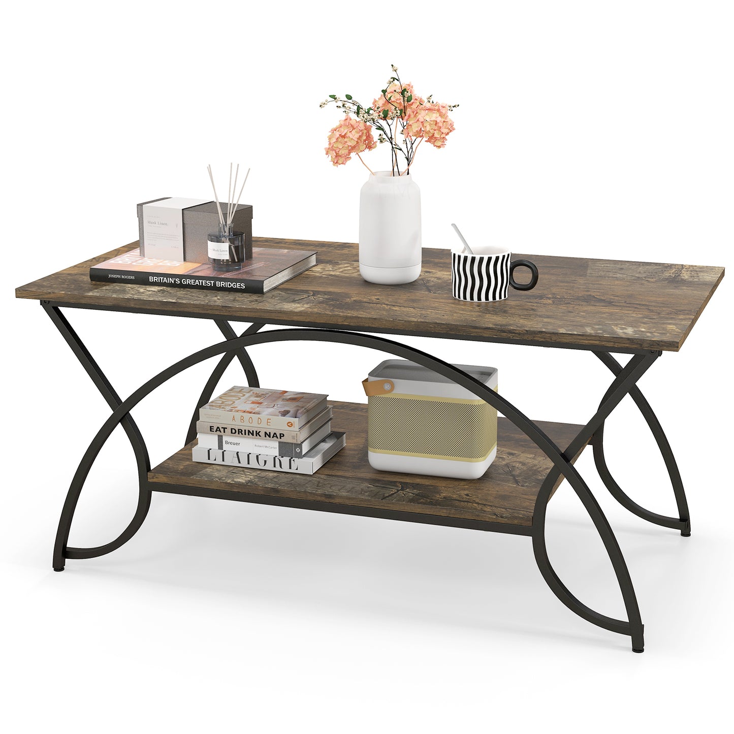 Modern 2 Tier Faux Marble Coffee Table with Metal Frame – Dark Brown
