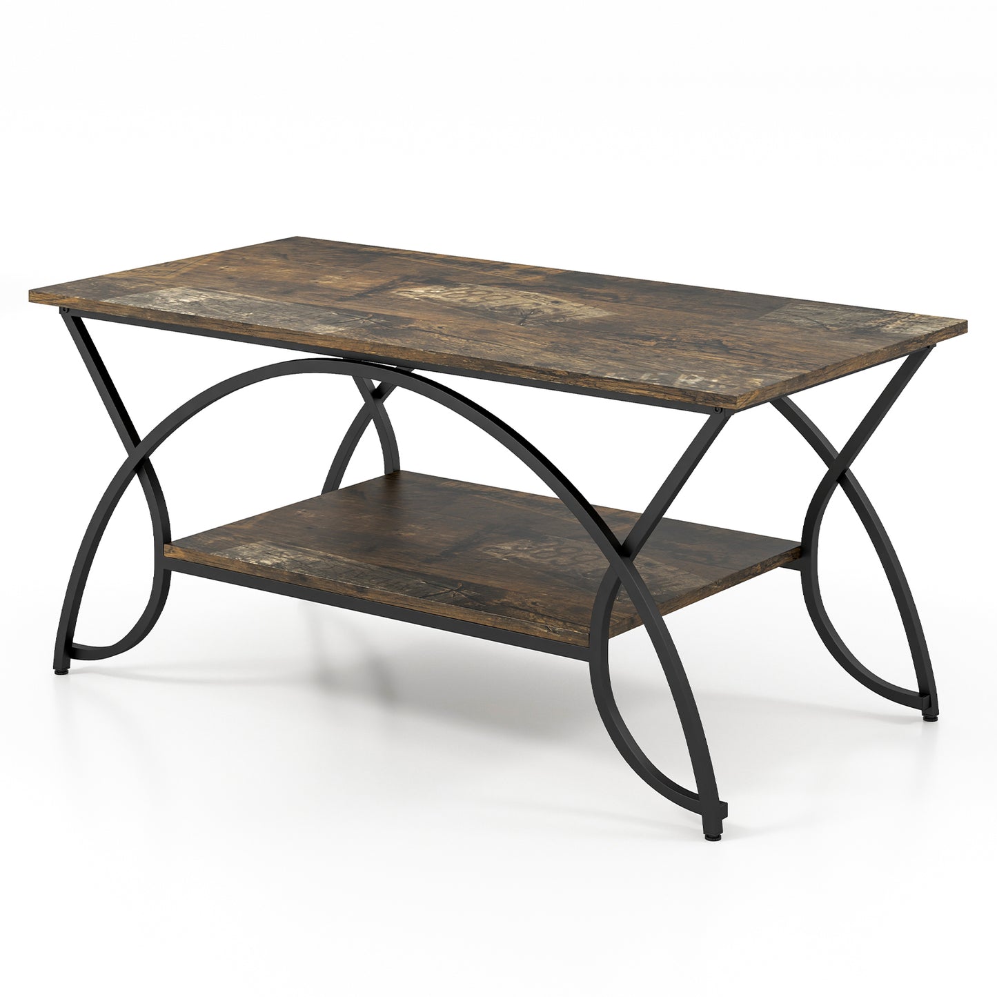 Modern 2 Tier Faux Marble Coffee Table with Metal Frame – Dark Brown