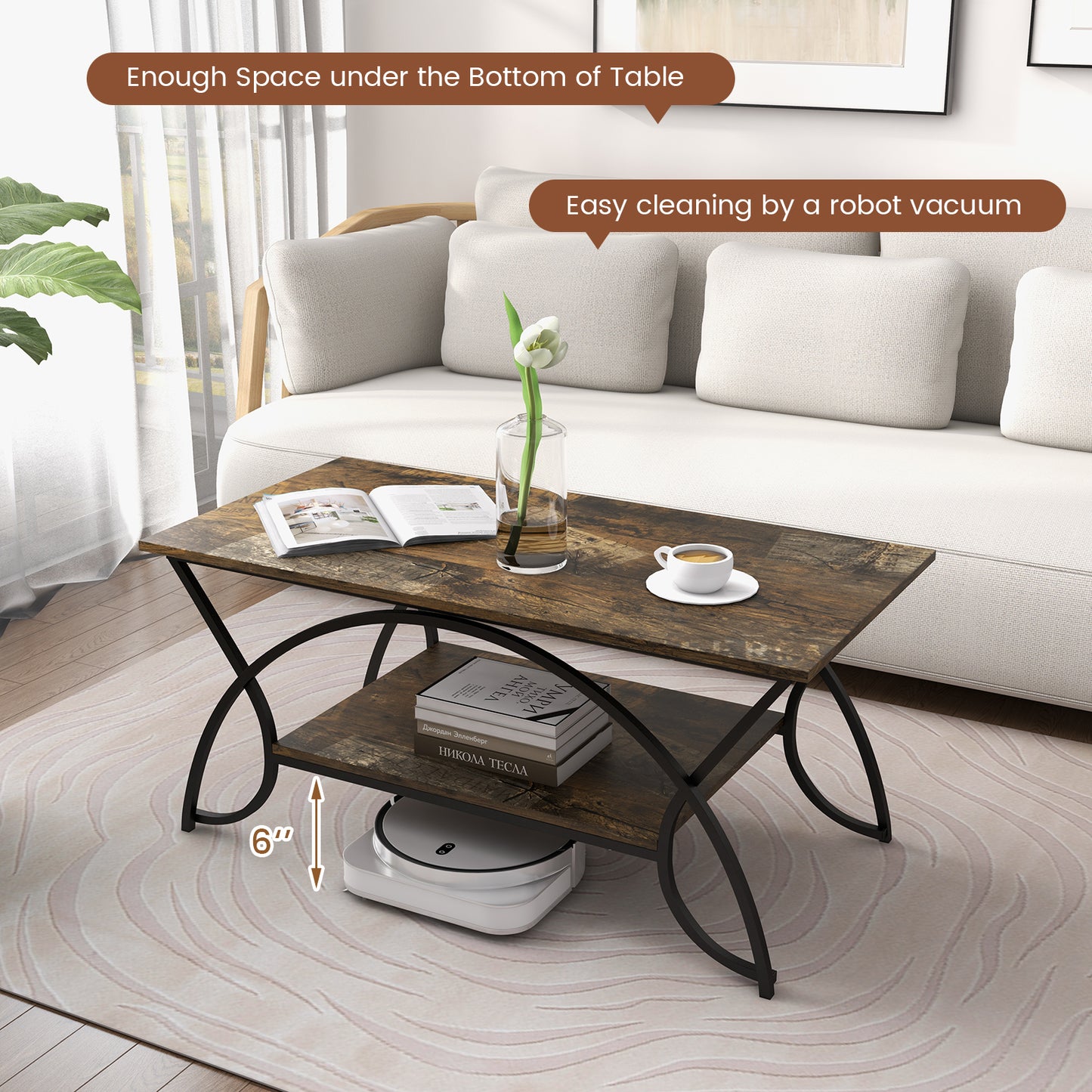 Modern 2 Tier Faux Marble Coffee Table with Metal Frame – Dark Brown
