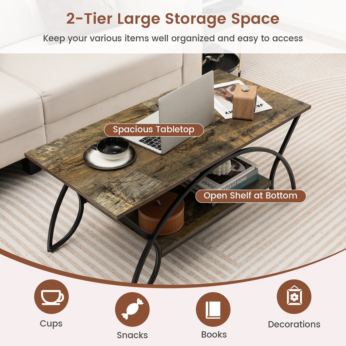 Modern 2 Tier Faux Marble Coffee Table with Metal Frame – Dark Brown