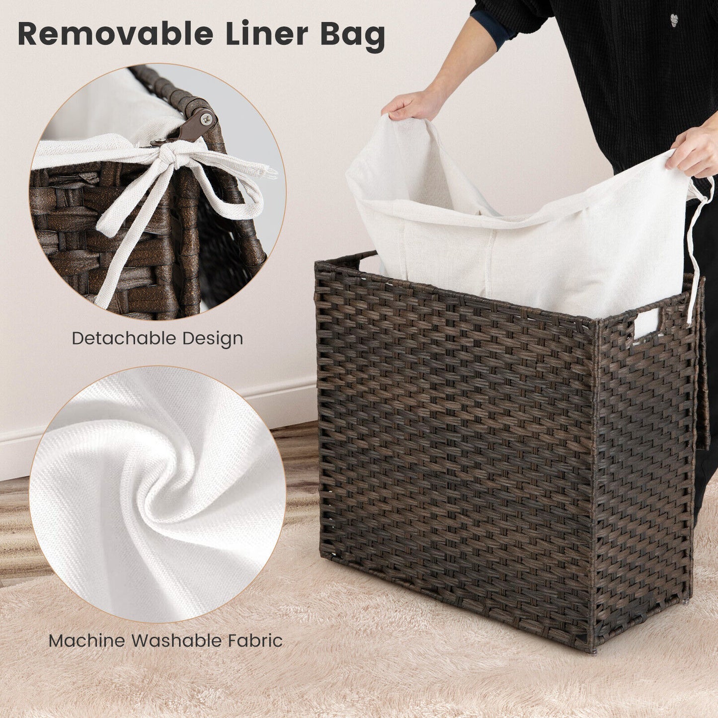 Portable 10L 3 Section Laundry Hamper with Washable Liner and Side Handles