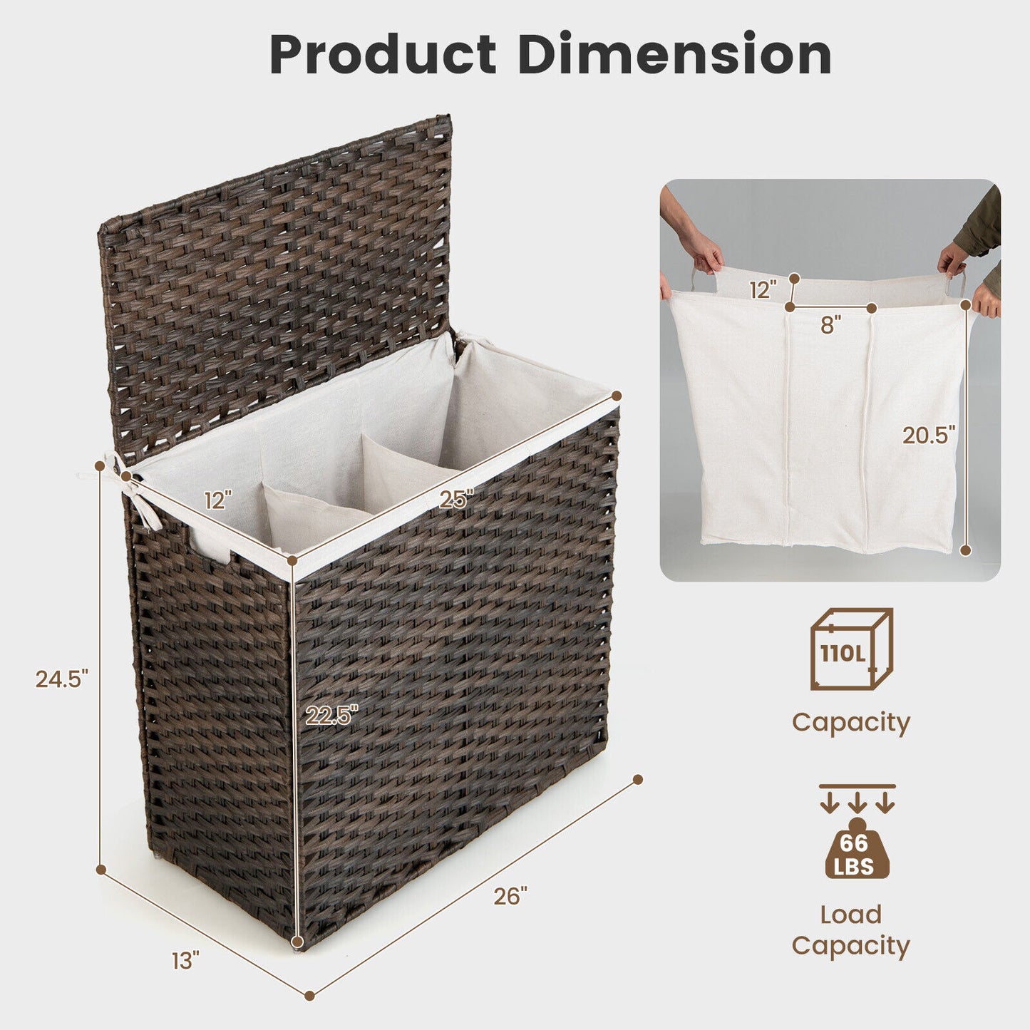 Portable 10L 3 Section Laundry Hamper with Washable Liner and Side Handles