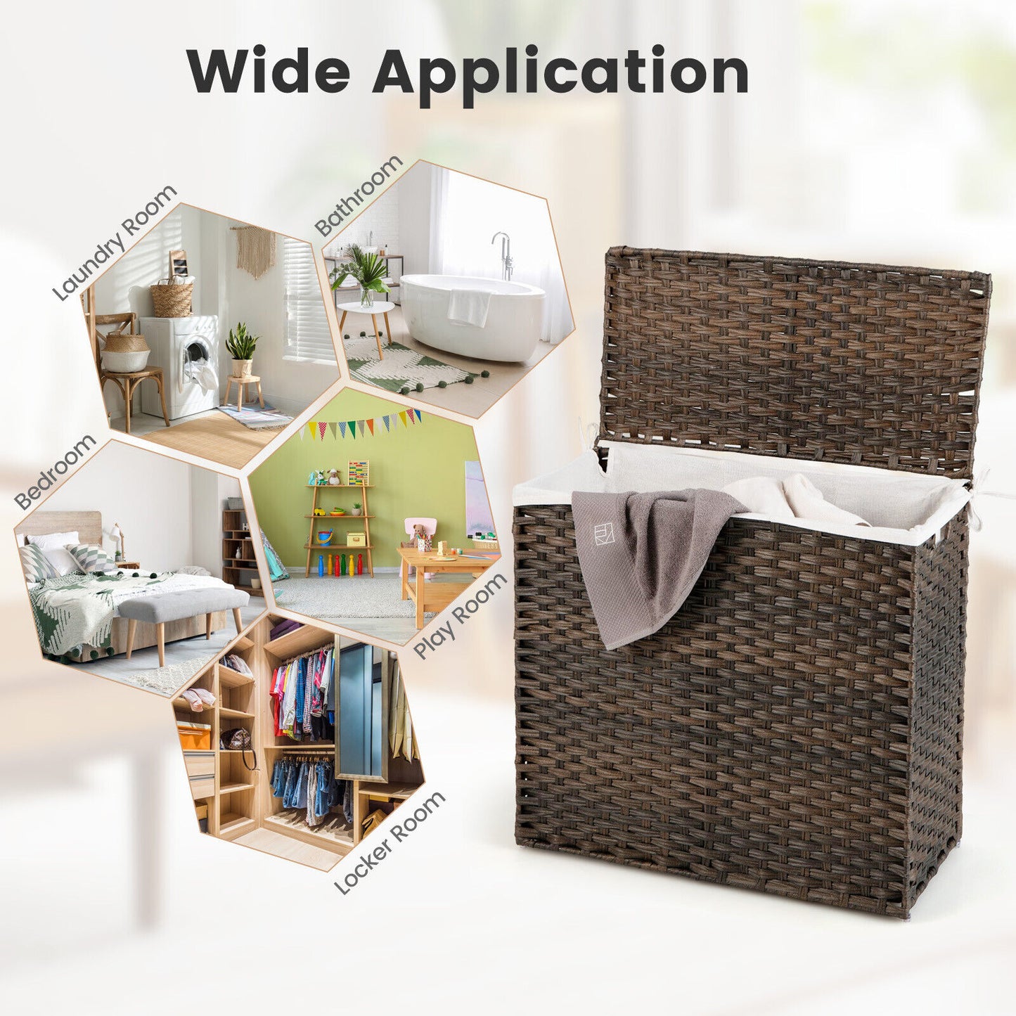 Portable 10L 3 Section Laundry Hamper with Washable Liner and Side Handles