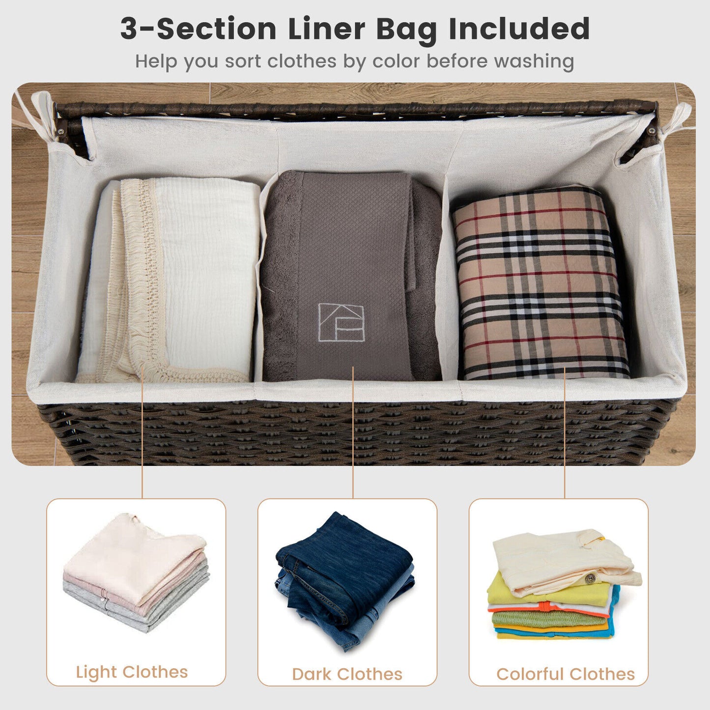 Portable 10L 3 Section Laundry Hamper with Washable Liner and Side Handles