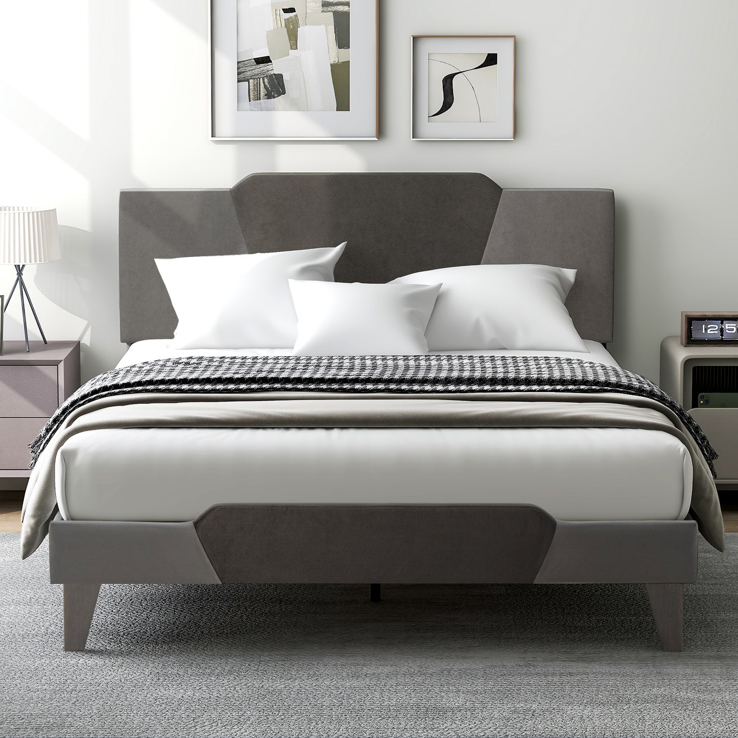 Modern Velvet Upholstered Bed Frame with High Headboard – Queen Size