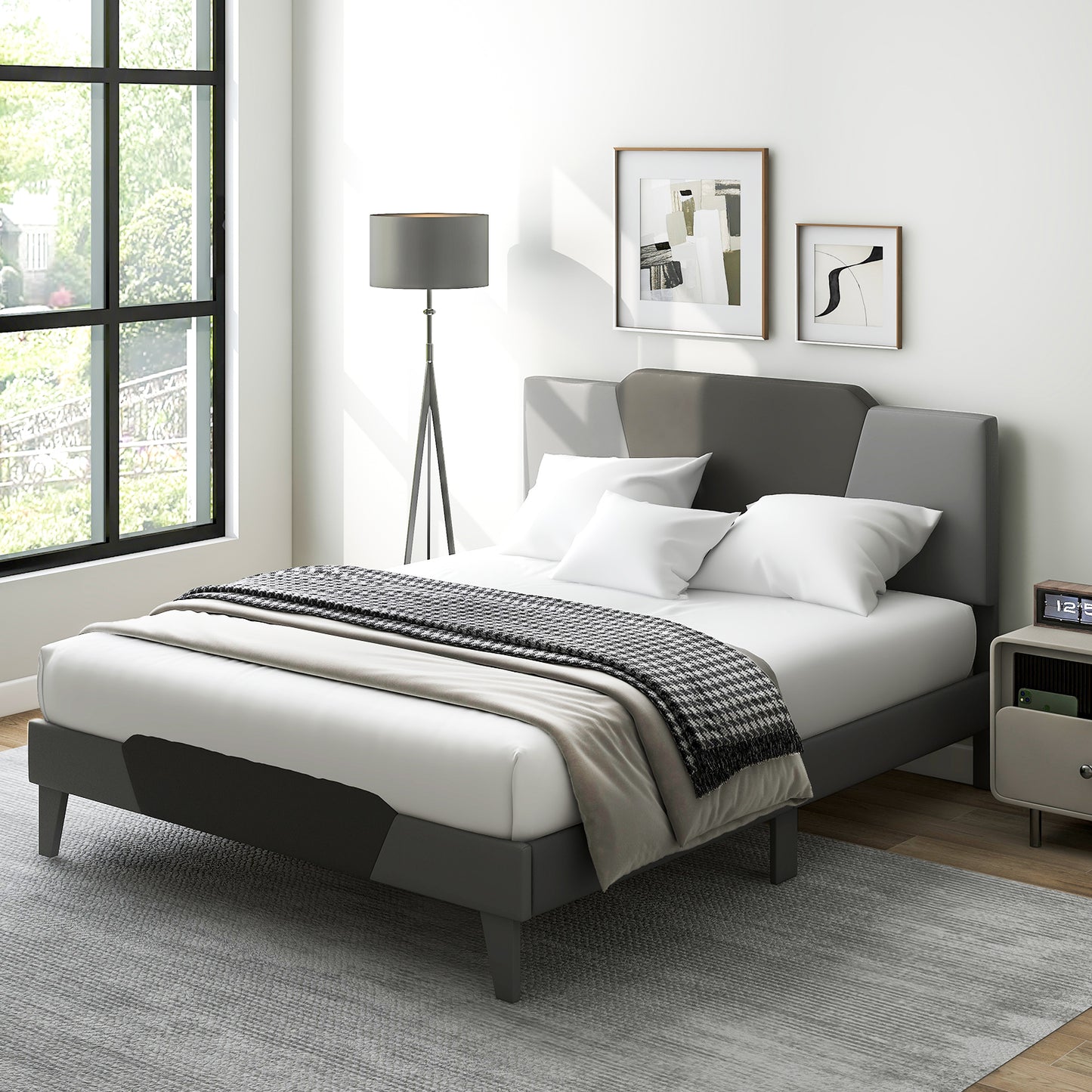Modern Velvet Upholstered Bed Frame with High Headboard – Queen Size