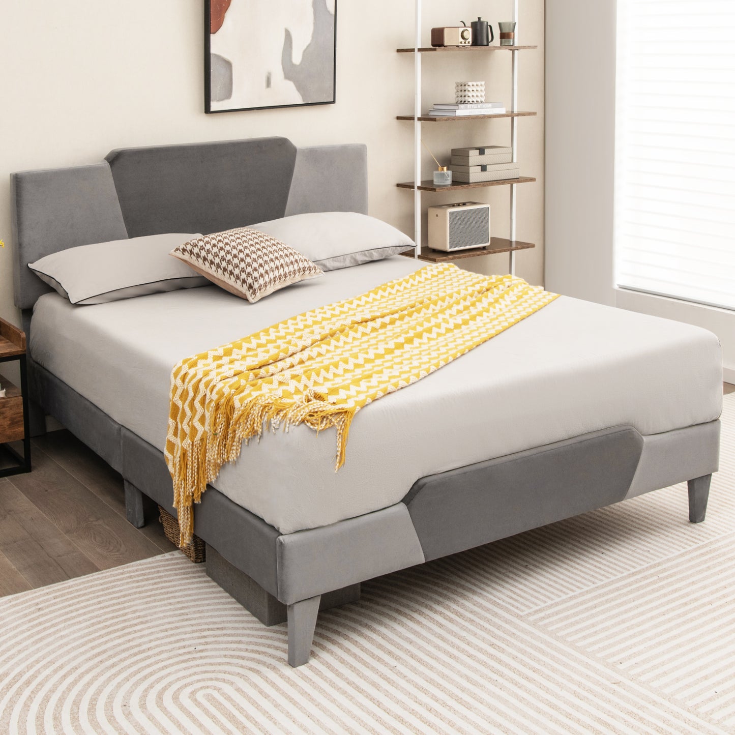 Modern Velvet Upholstered Bed Frame with High Headboard – Queen Size
