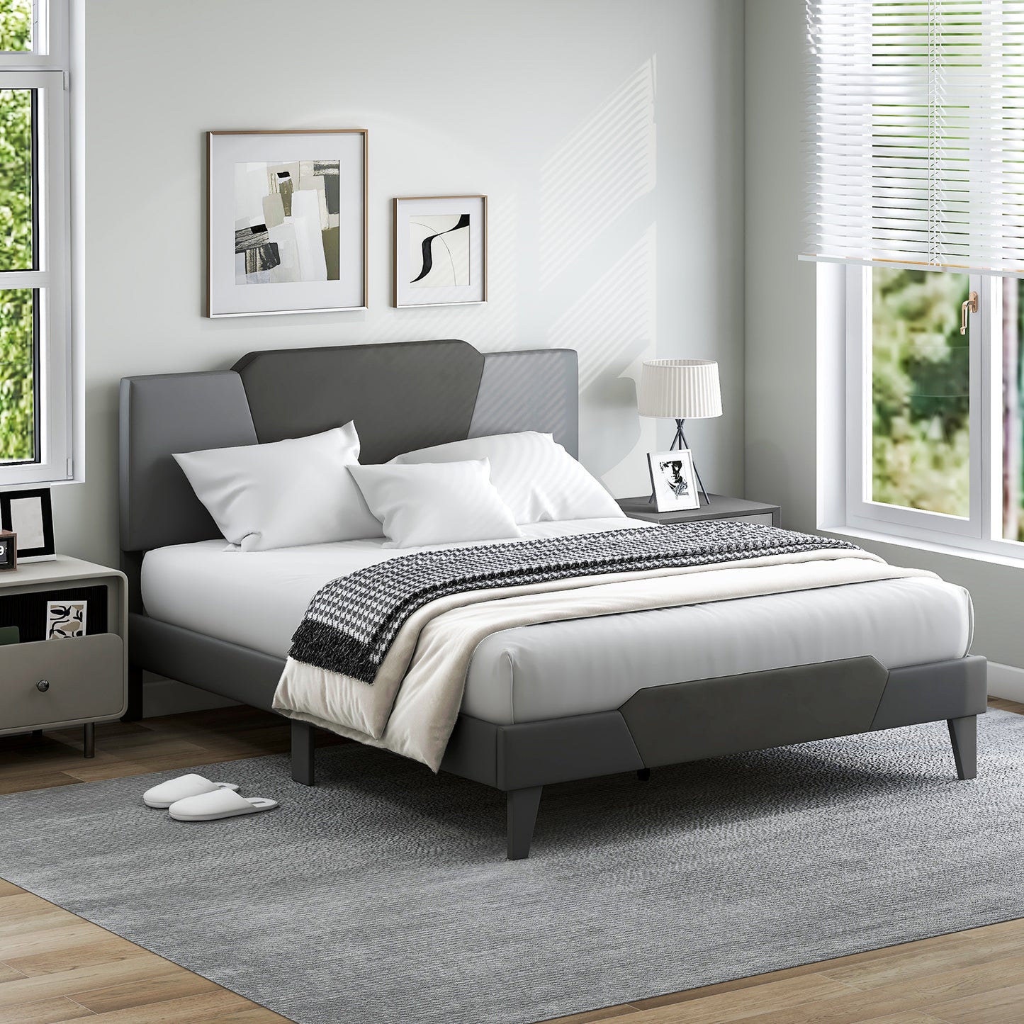 Modern Velvet Upholstered Bed Frame with High Headboard – Queen Size