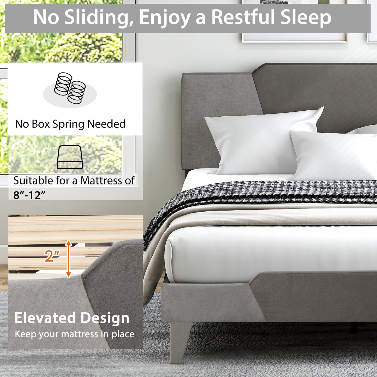Modern Velvet Upholstered Bed Frame with High Headboard – Queen Size