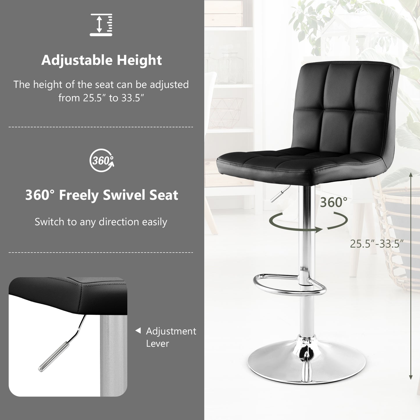 Ergonomic Swivel Bar Stool with Adjustable Height and PU Leather Cushion - Black