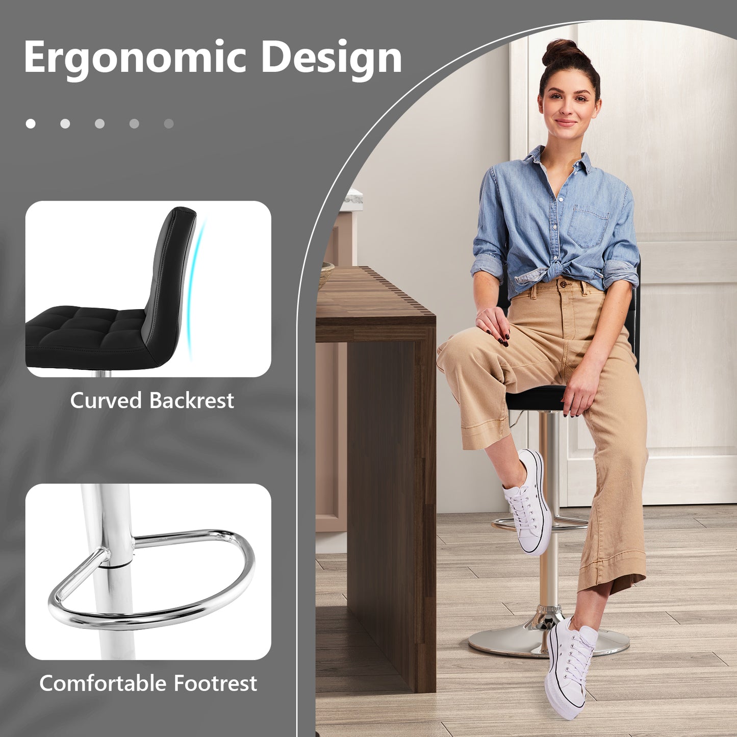 Ergonomic Swivel Bar Stool with Adjustable Height and PU Leather Cushion - Black