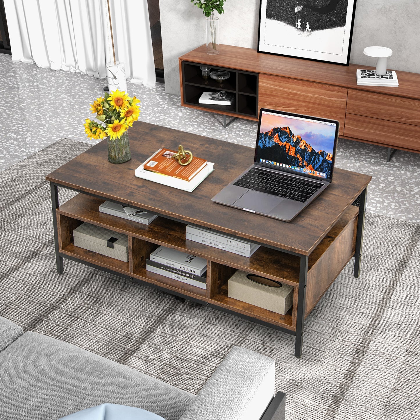 3 Tier Coffee Table with Open Storage Shelves, Rustic Industrial Design and Sturdy Metal Frame