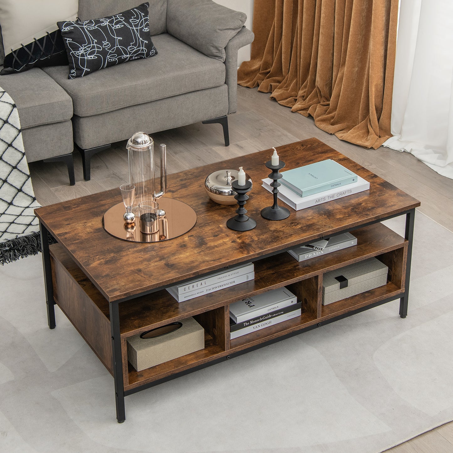 3 Tier Coffee Table with Open Storage Shelves, Rustic Industrial Design and Sturdy Metal Frame