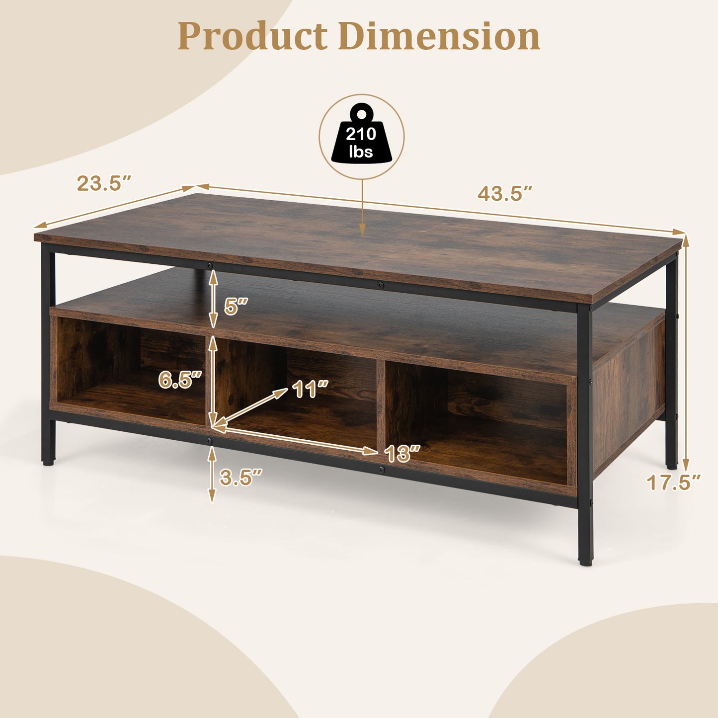 3 Tier Coffee Table with Open Storage Shelves, Rustic Industrial Design and Sturdy Metal Frame