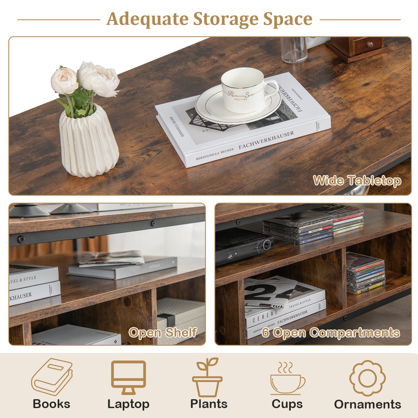 3 Tier Coffee Table with Open Storage Shelves, Rustic Industrial Design and Sturdy Metal Frame