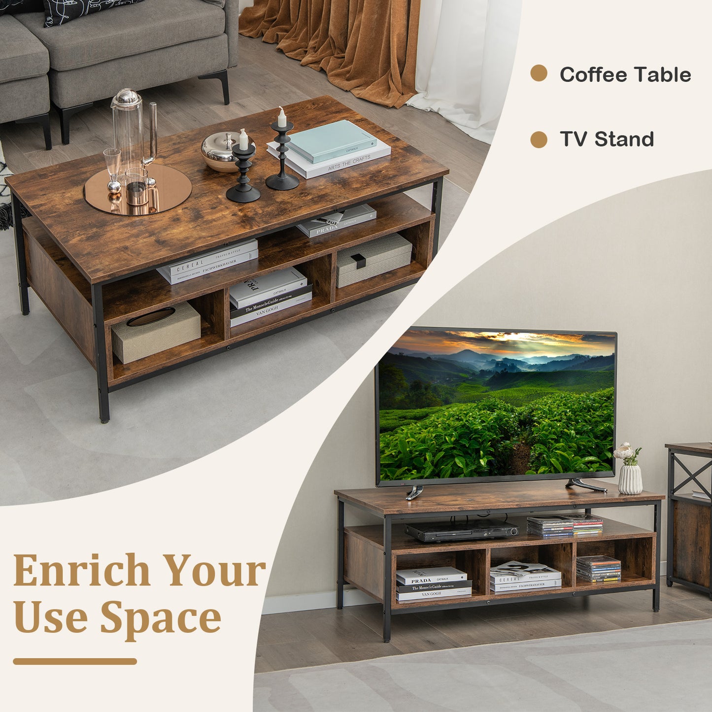 3 Tier Coffee Table with Open Storage Shelves, Rustic Industrial Design and Sturdy Metal Frame