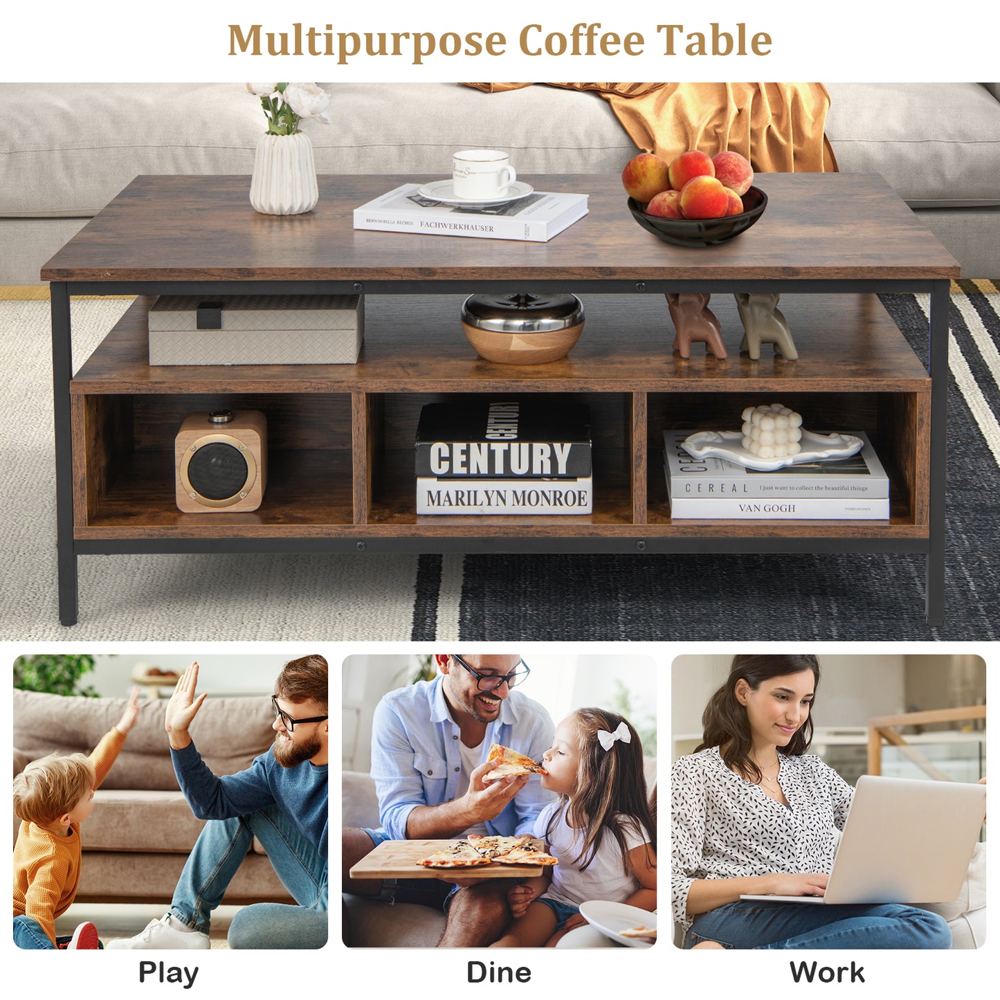 3 Tier Coffee Table with Open Storage Shelves, Rustic Industrial Design and Sturdy Metal Frame
