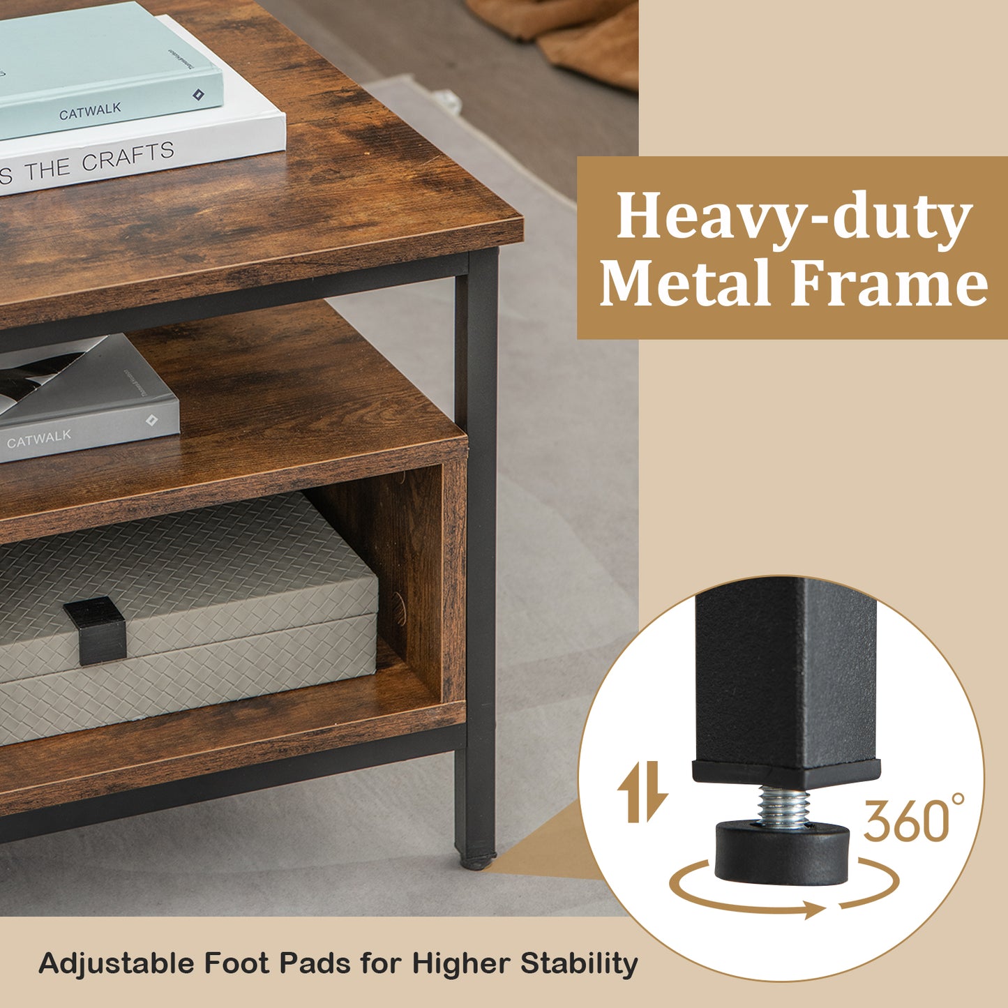 3 Tier Coffee Table with Open Storage Shelves, Rustic Industrial Design and Sturdy Metal Frame
