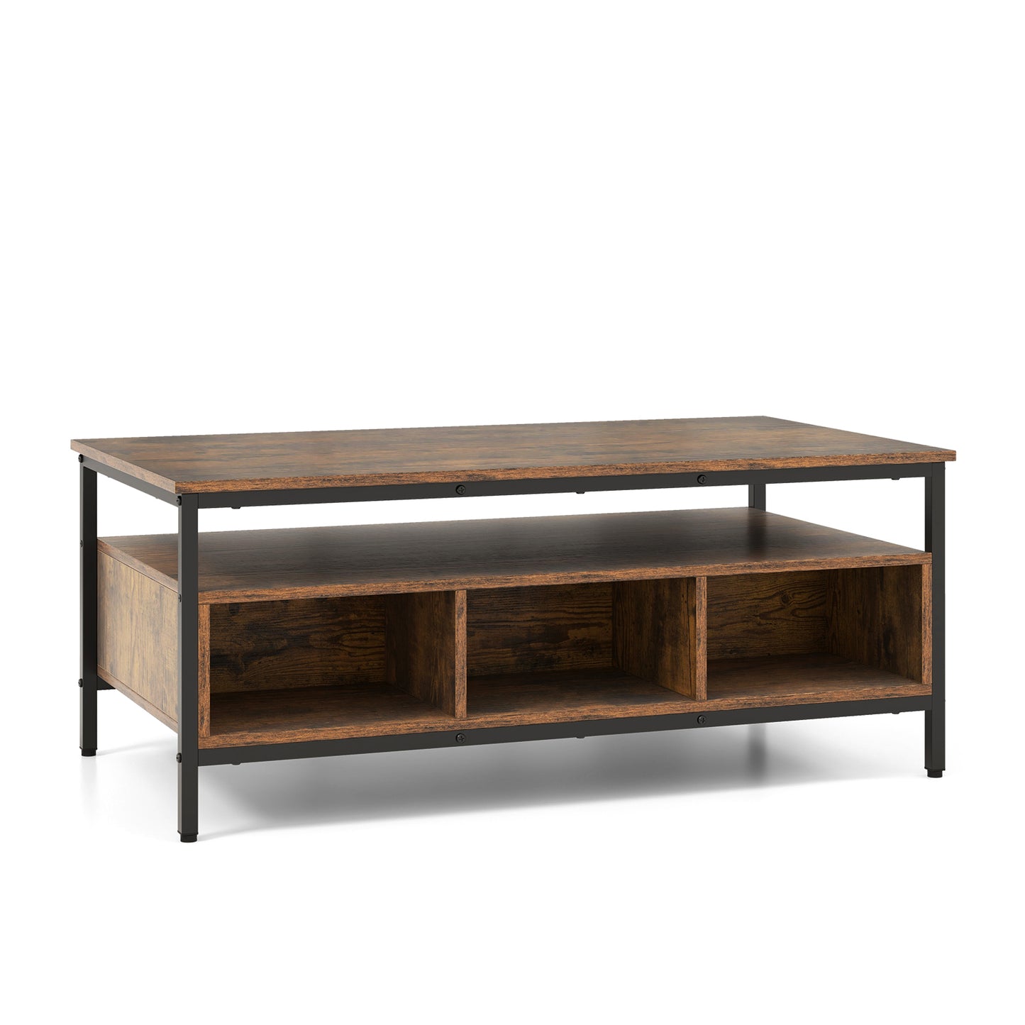 3 Tier Coffee Table with Open Storage Shelves, Rustic Industrial Design and Sturdy Metal Frame