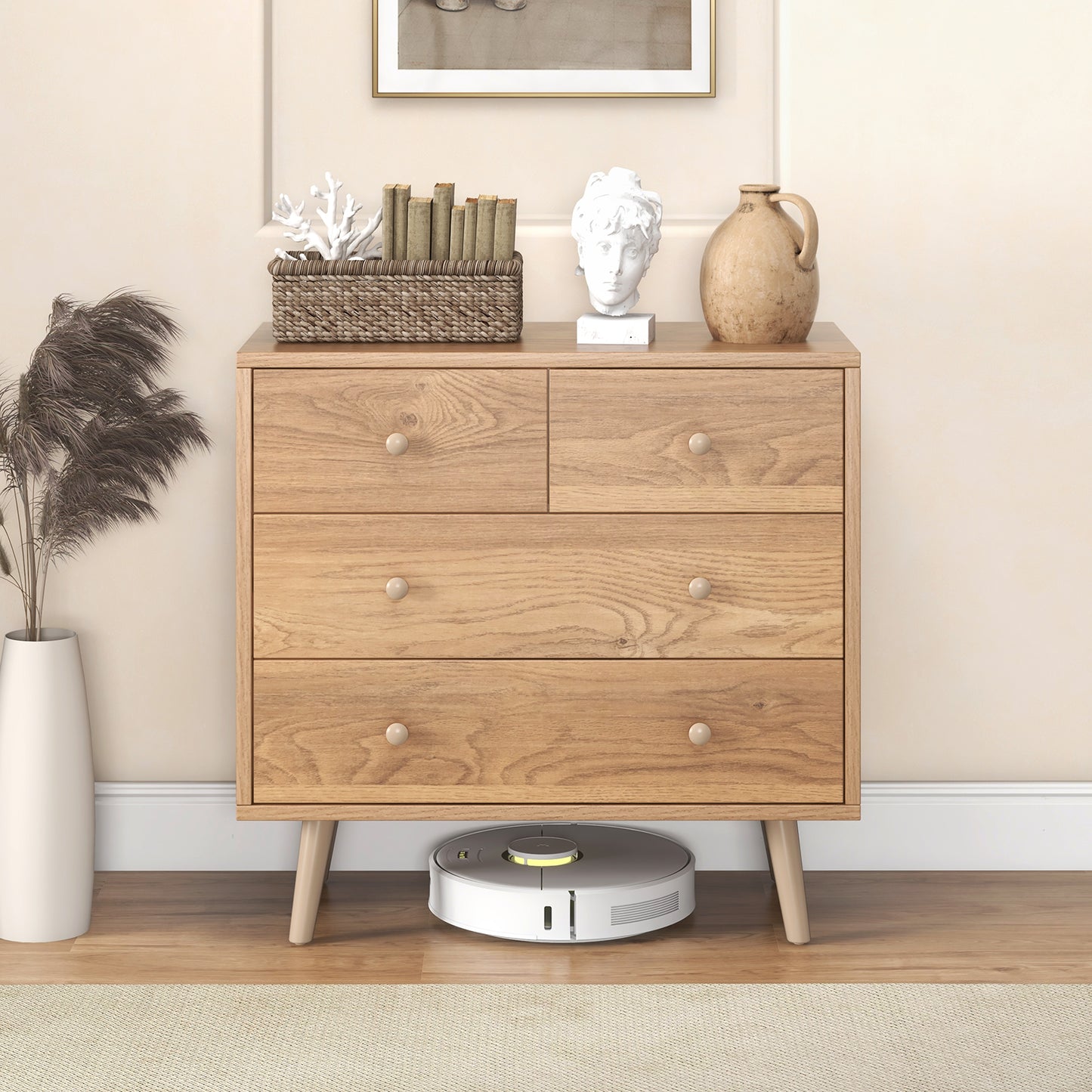 4-Drawer Wood Dresser Cabinet with Rubberwood Legs and Smooth Glide Rails – Natural