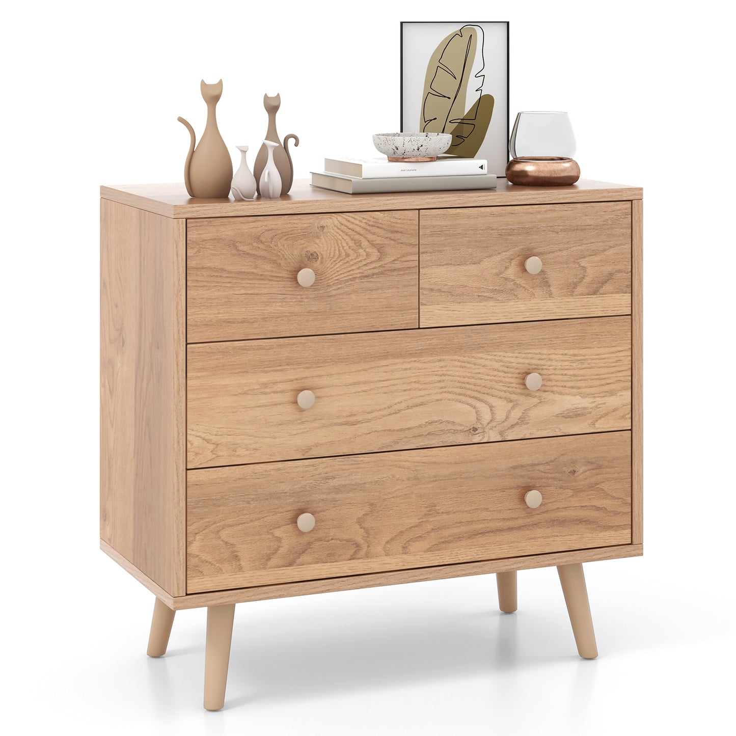 4-Drawer Wood Dresser Cabinet with Rubberwood Legs and Smooth Glide Rails – Natural