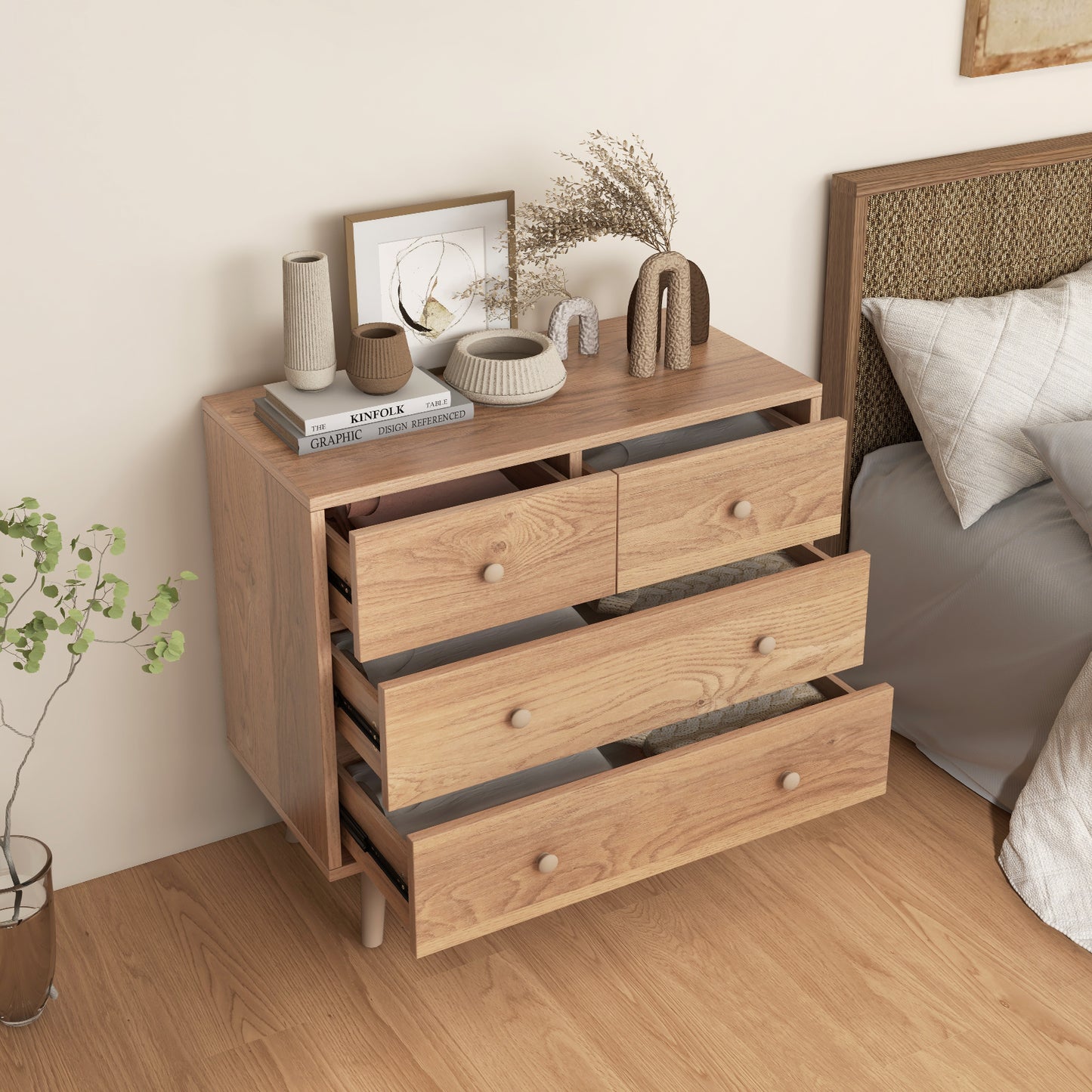 4-Drawer Wood Dresser Cabinet with Rubberwood Legs and Smooth Glide Rails – Natural