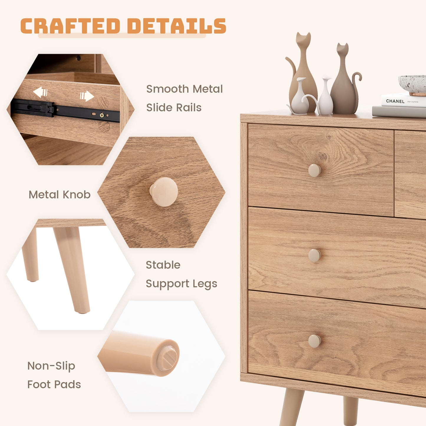 4-Drawer Wood Dresser Cabinet with Rubberwood Legs and Smooth Glide Rails – Natural