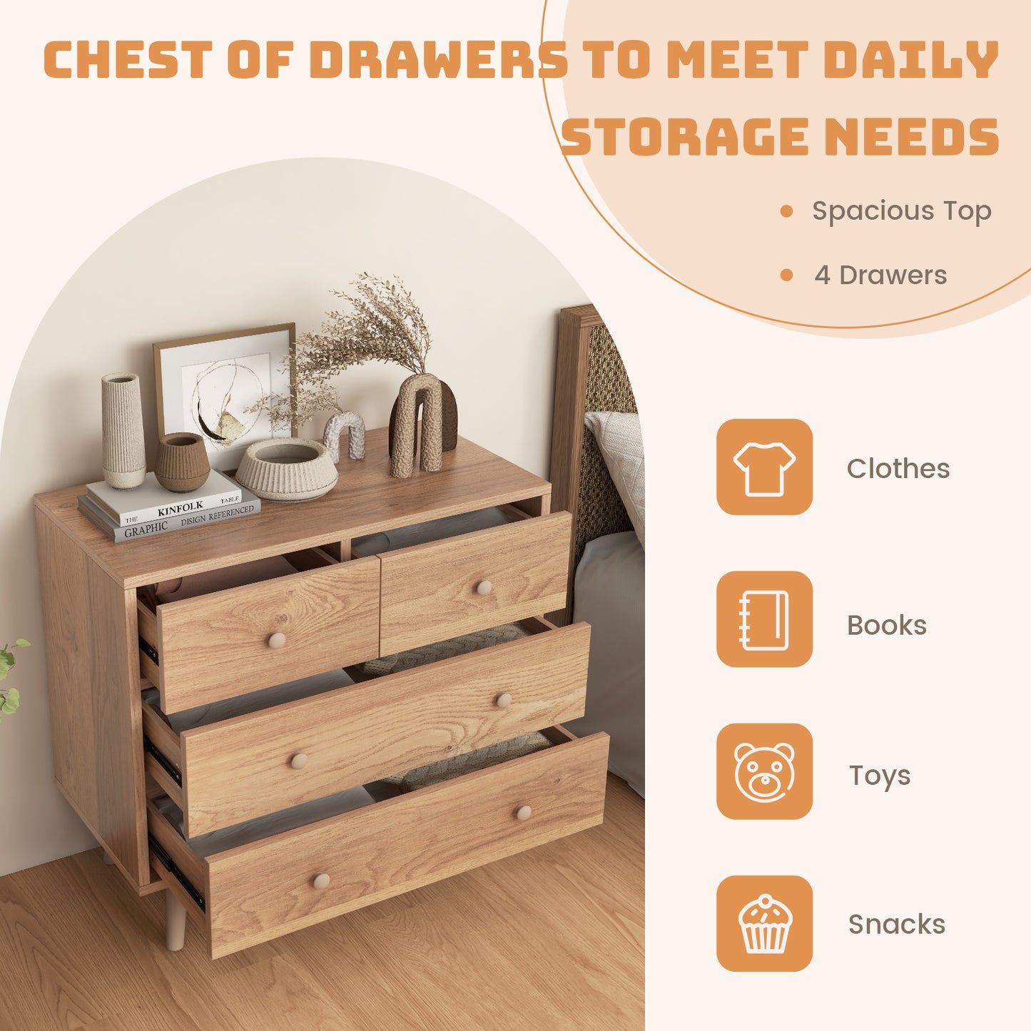 4-Drawer Wood Dresser Cabinet with Rubberwood Legs and Smooth Glide Rails – Natural