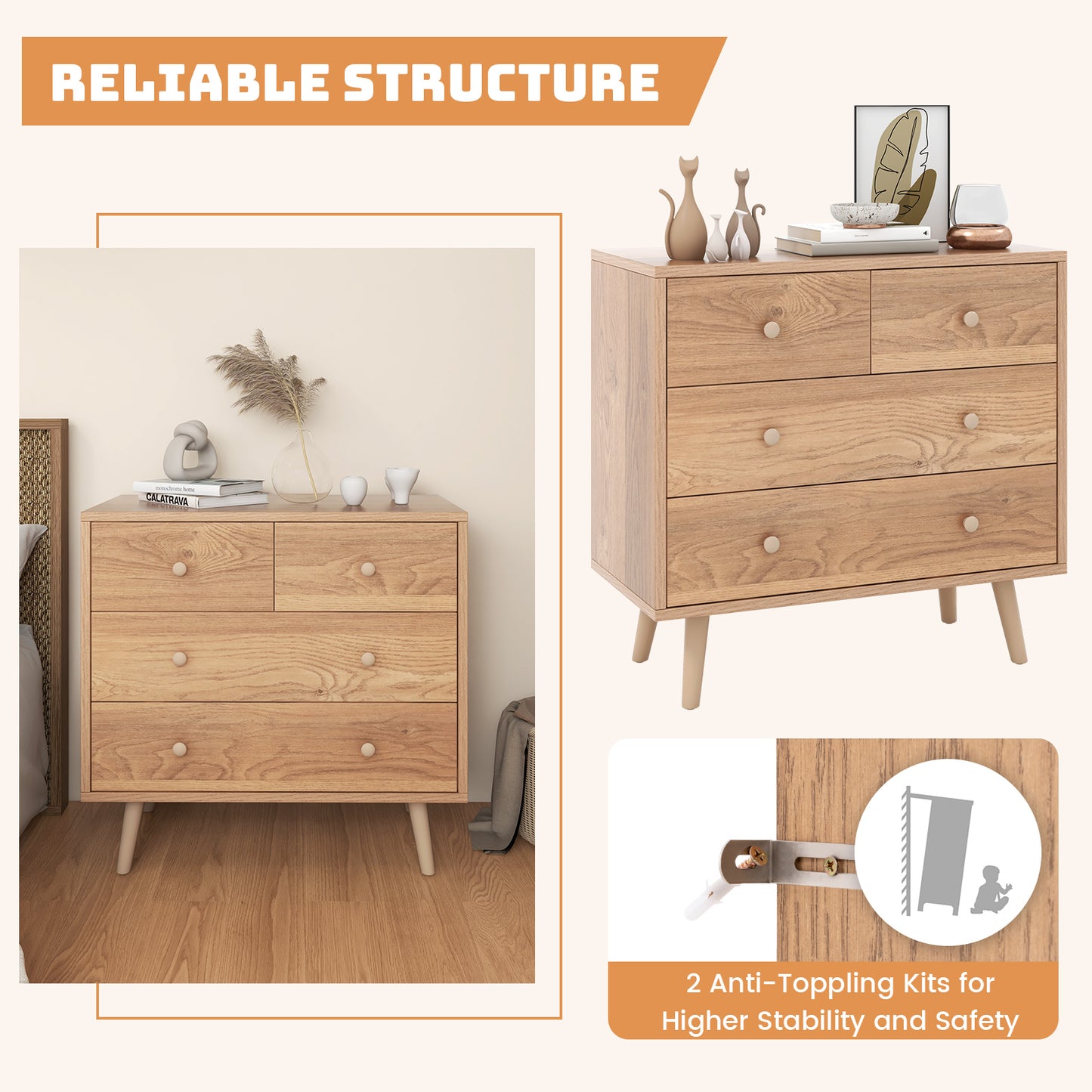 4-Drawer Wood Dresser Cabinet with Rubberwood Legs and Smooth Glide Rails – Natural