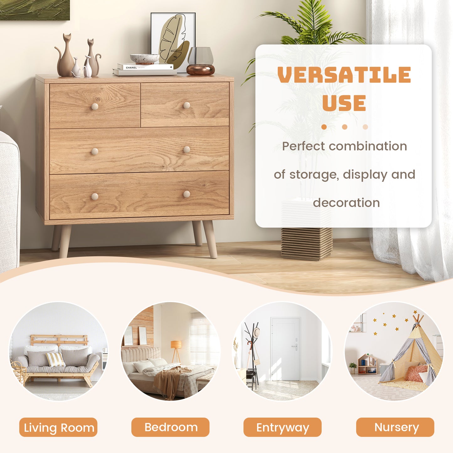 4-Drawer Wood Dresser Cabinet with Rubberwood Legs and Smooth Glide Rails – Natural