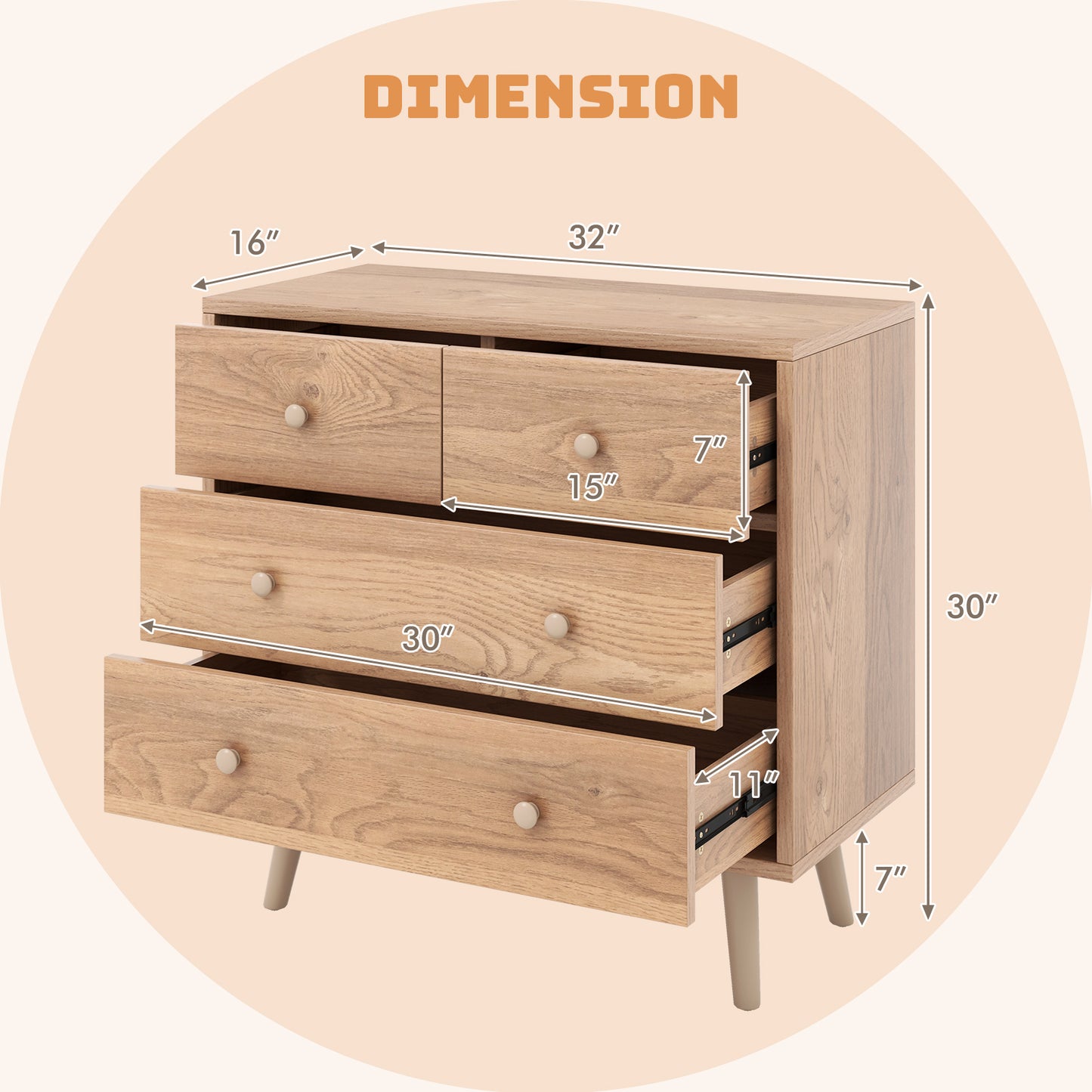 4-Drawer Wood Dresser Cabinet with Rubberwood Legs and Smooth Glide Rails – Natural
