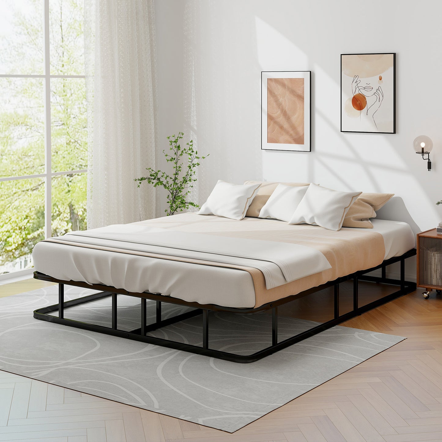 Queen Size Metal Platform Bed Frame with Sturdy Support Bars & Non-Slip Foot Pads – No Box Spring Needed, Modern Design