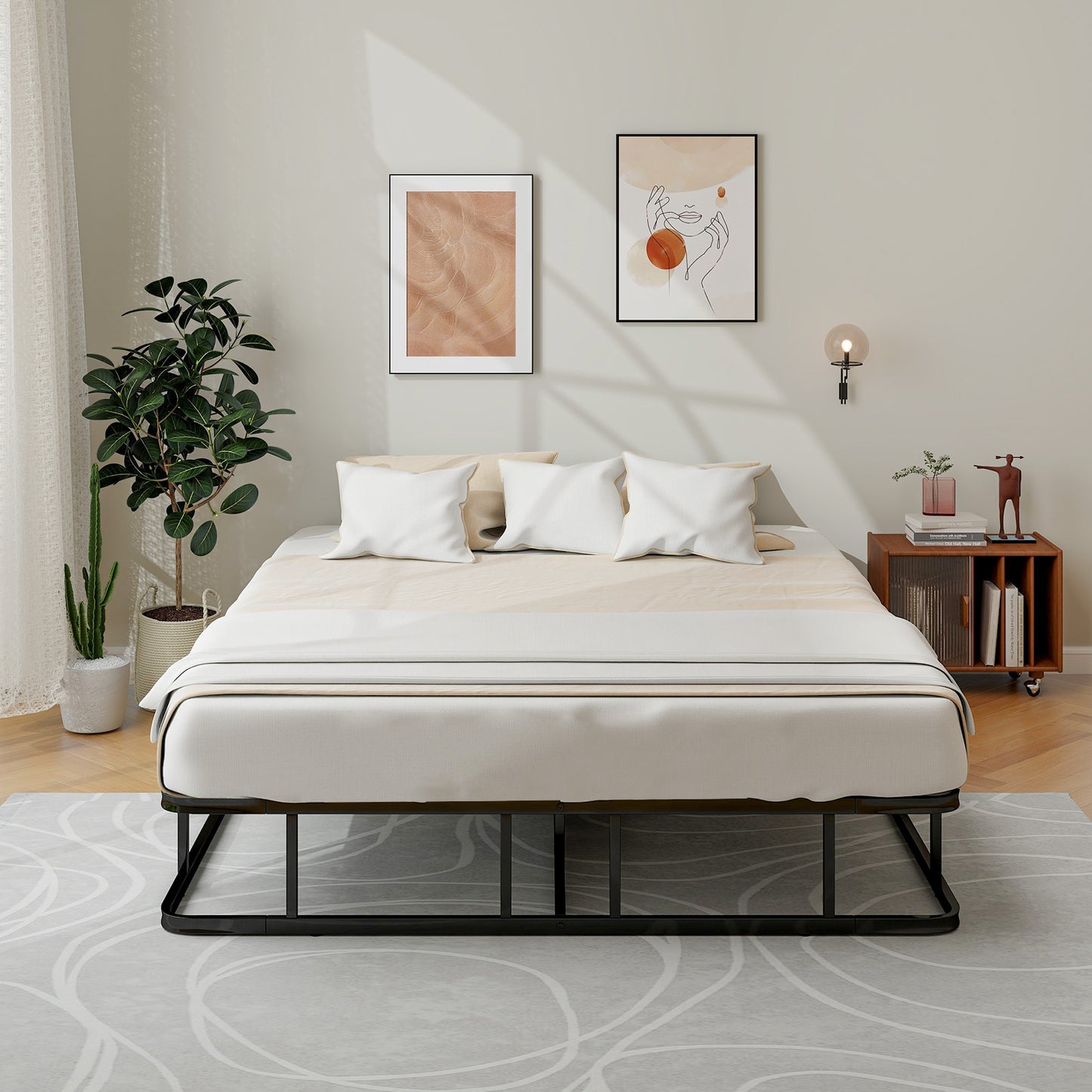 Queen Size Metal Platform Bed Frame with Sturdy Support Bars & Non-Slip Foot Pads – No Box Spring Needed, Modern Design