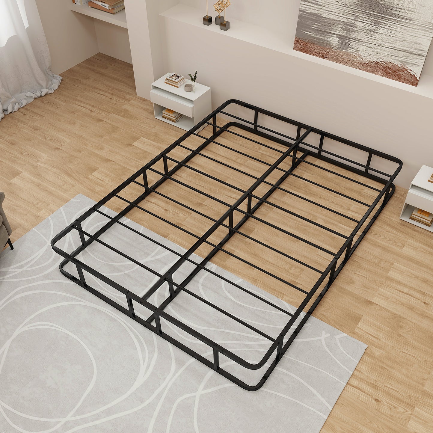 Queen Size Metal Platform Bed Frame with Sturdy Support Bars & Non-Slip Foot Pads – No Box Spring Needed, Modern Design