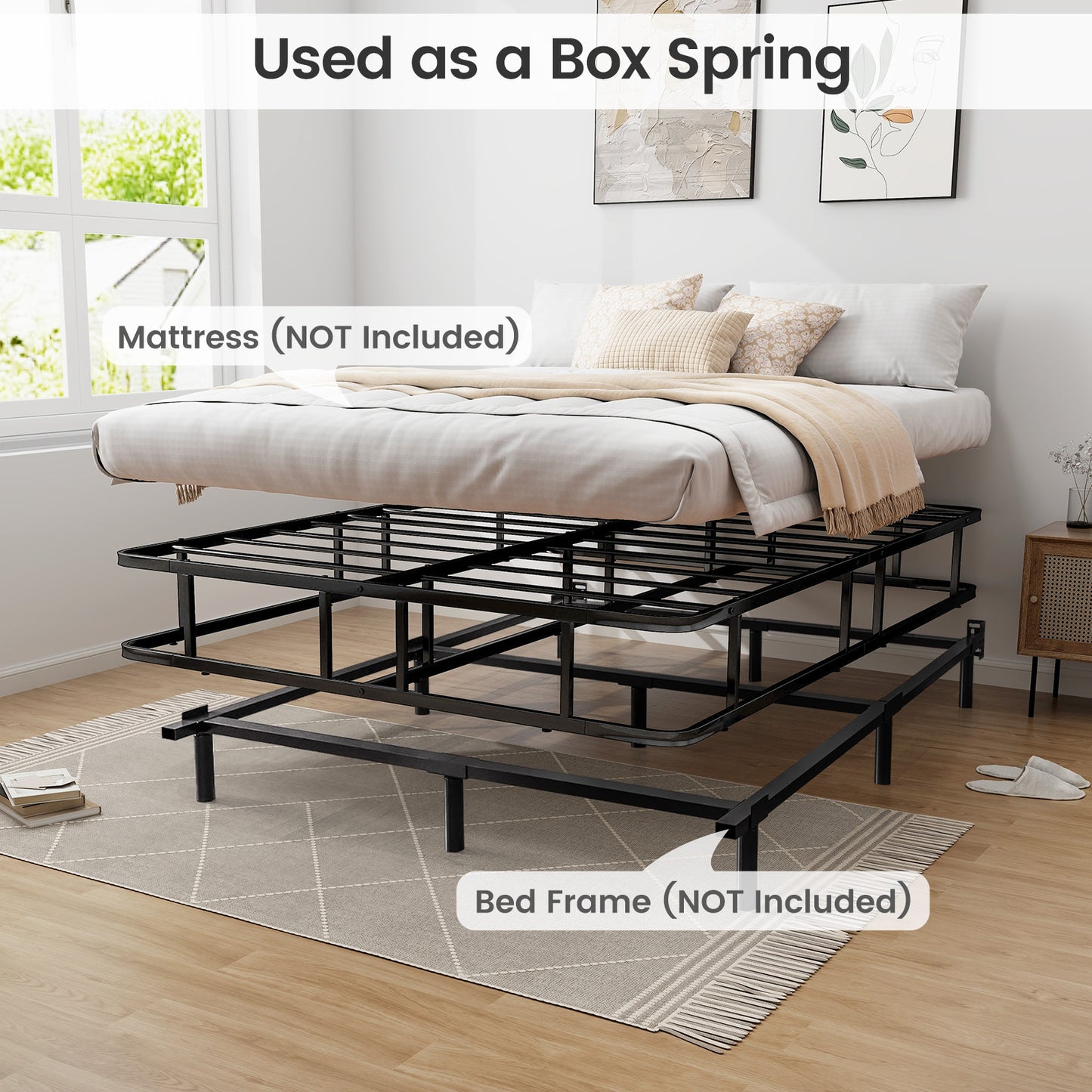 Queen Size Metal Platform Bed Frame with Sturdy Support Bars & Non-Slip Foot Pads – No Box Spring Needed, Modern Design