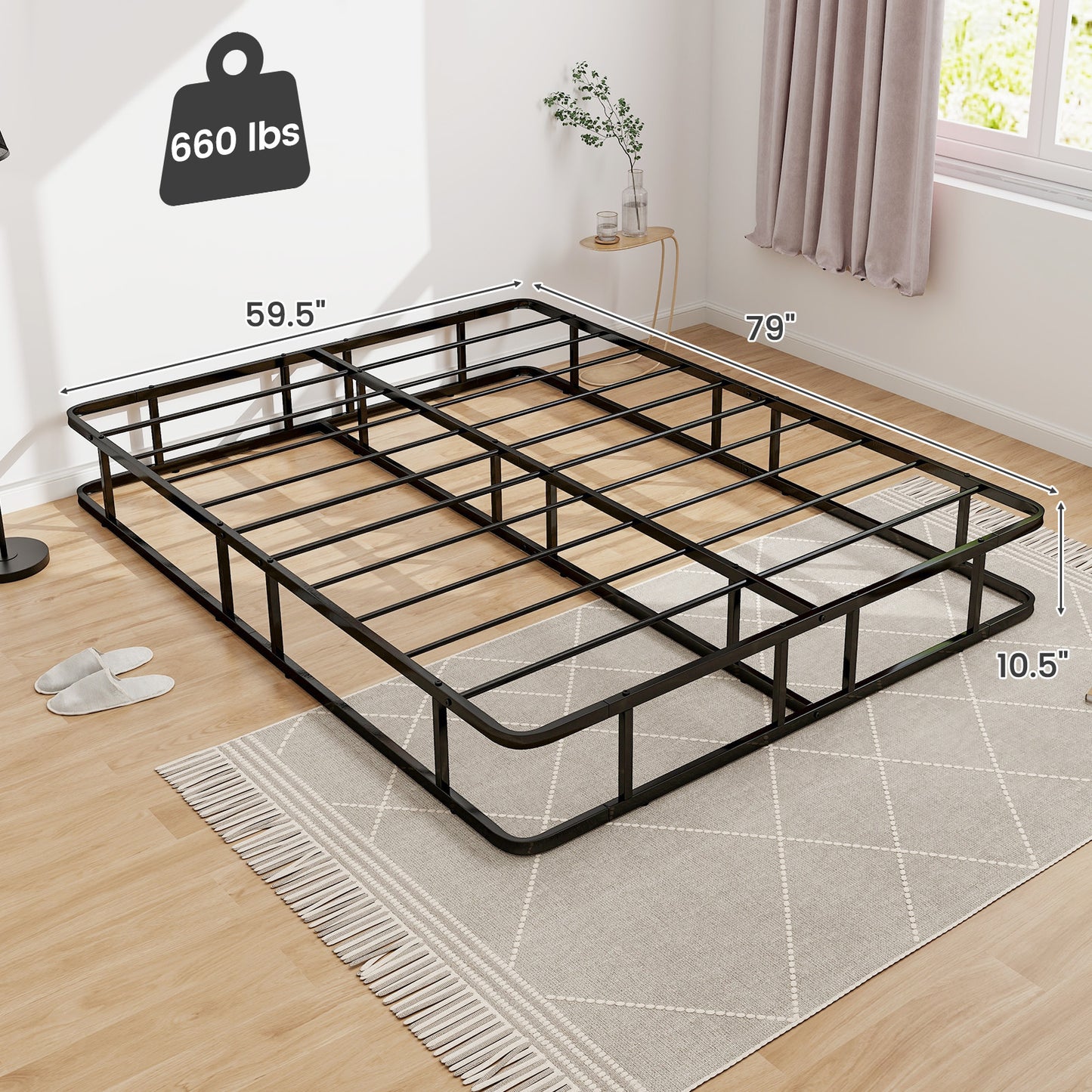Queen Size Metal Platform Bed Frame with Sturdy Support Bars & Non-Slip Foot Pads – No Box Spring Needed, Modern Design