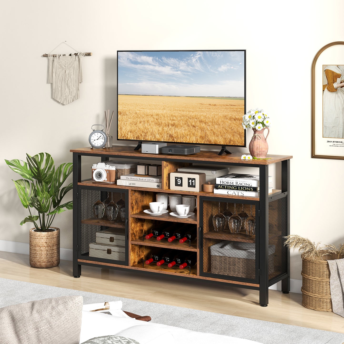 55 Inch Wine Bar Cabinet with Glass Holders, 8 Bottle Rack and Storage Shelves - Rustic Brown