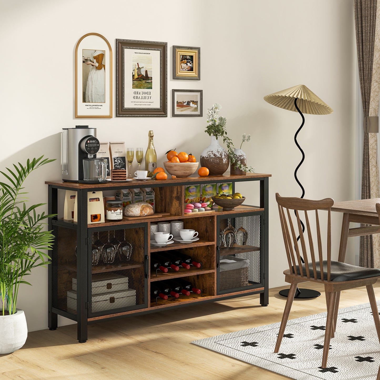 55 Inch Wine Bar Cabinet with Glass Holders, 8 Bottle Rack and Storage Shelves - Rustic Brown