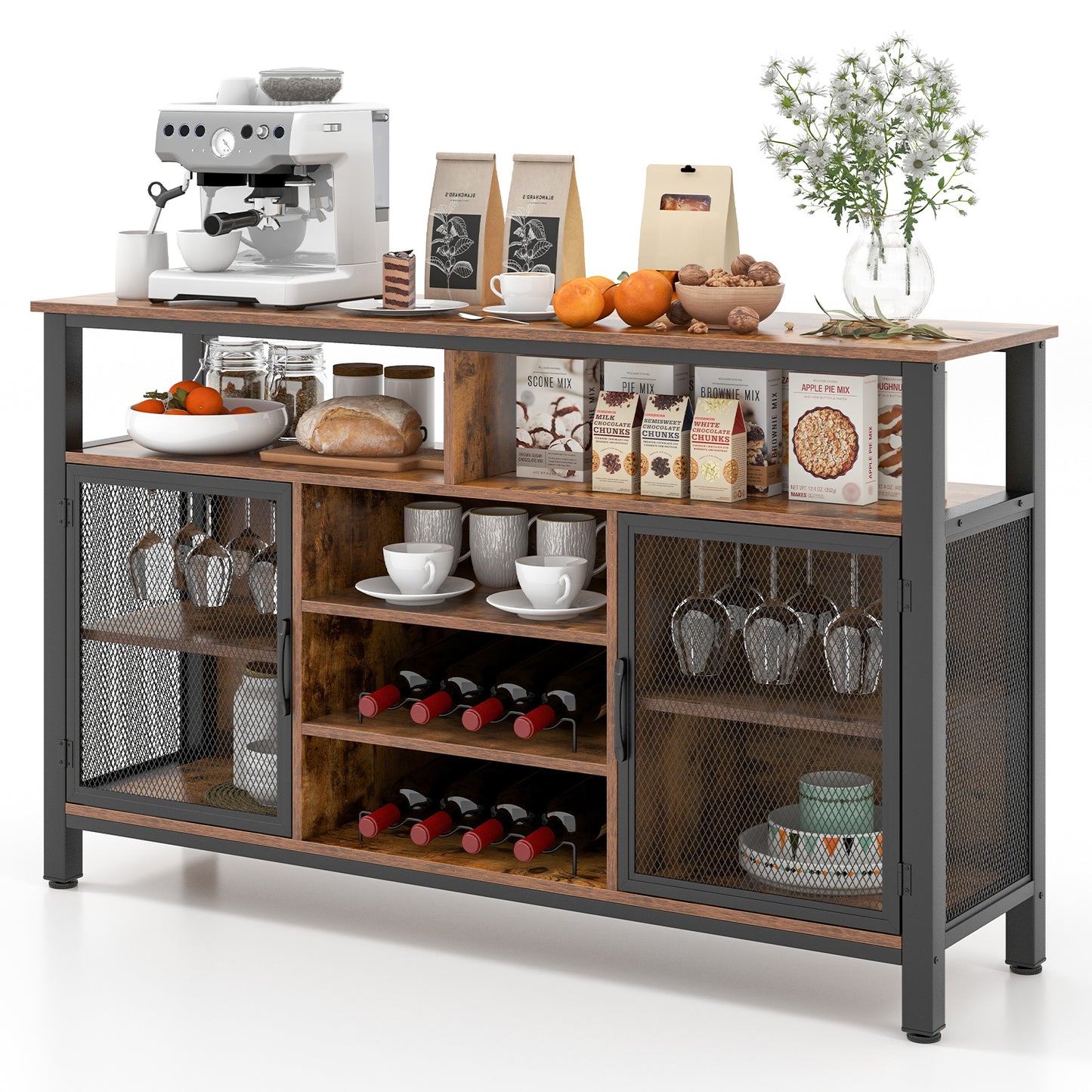 55 Inch Wine Bar Cabinet with Glass Holders, 8 Bottle Rack and Storage Shelves - Rustic Brown