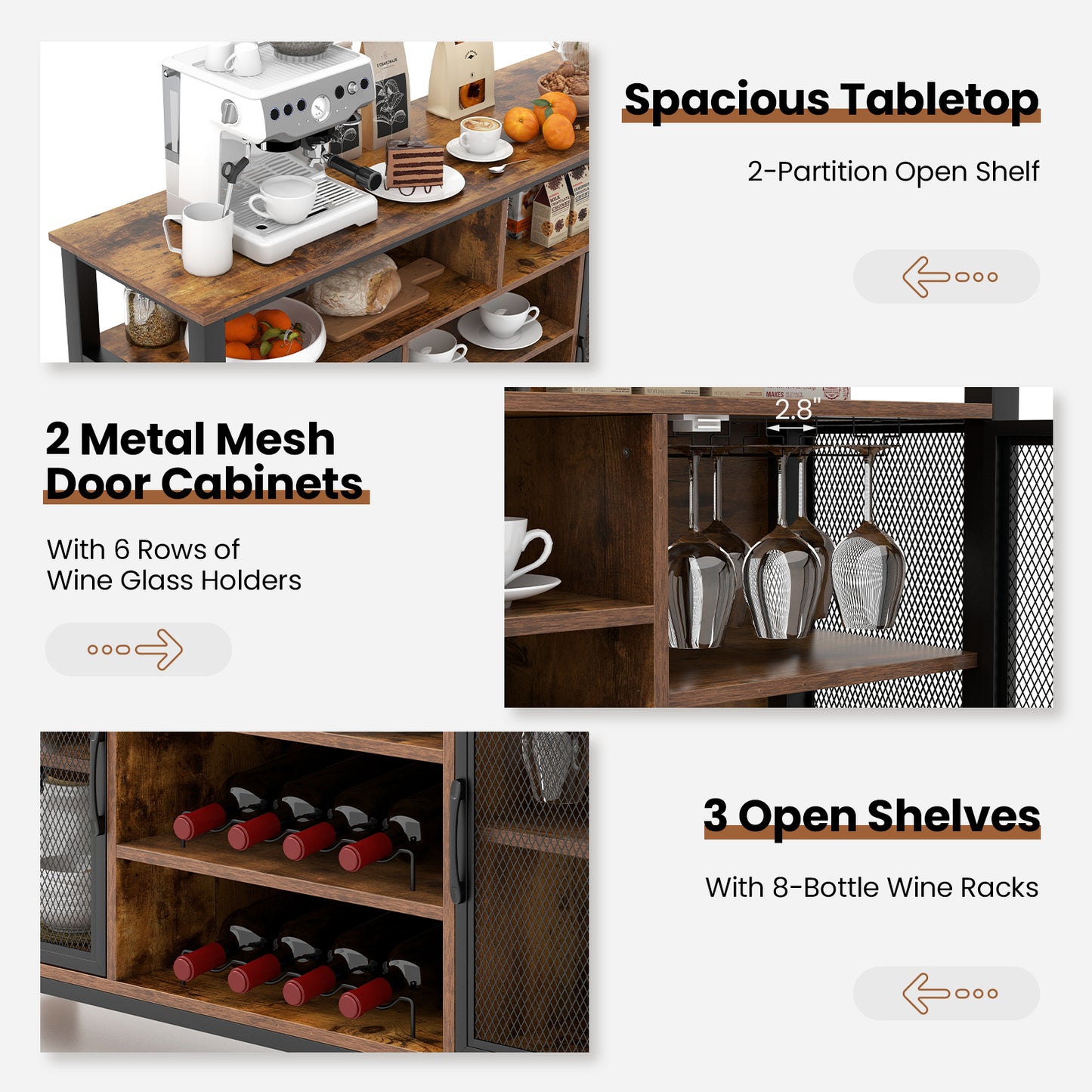 55 Inch Wine Bar Cabinet with Glass Holders, 8 Bottle Rack and Storage Shelves - Rustic Brown