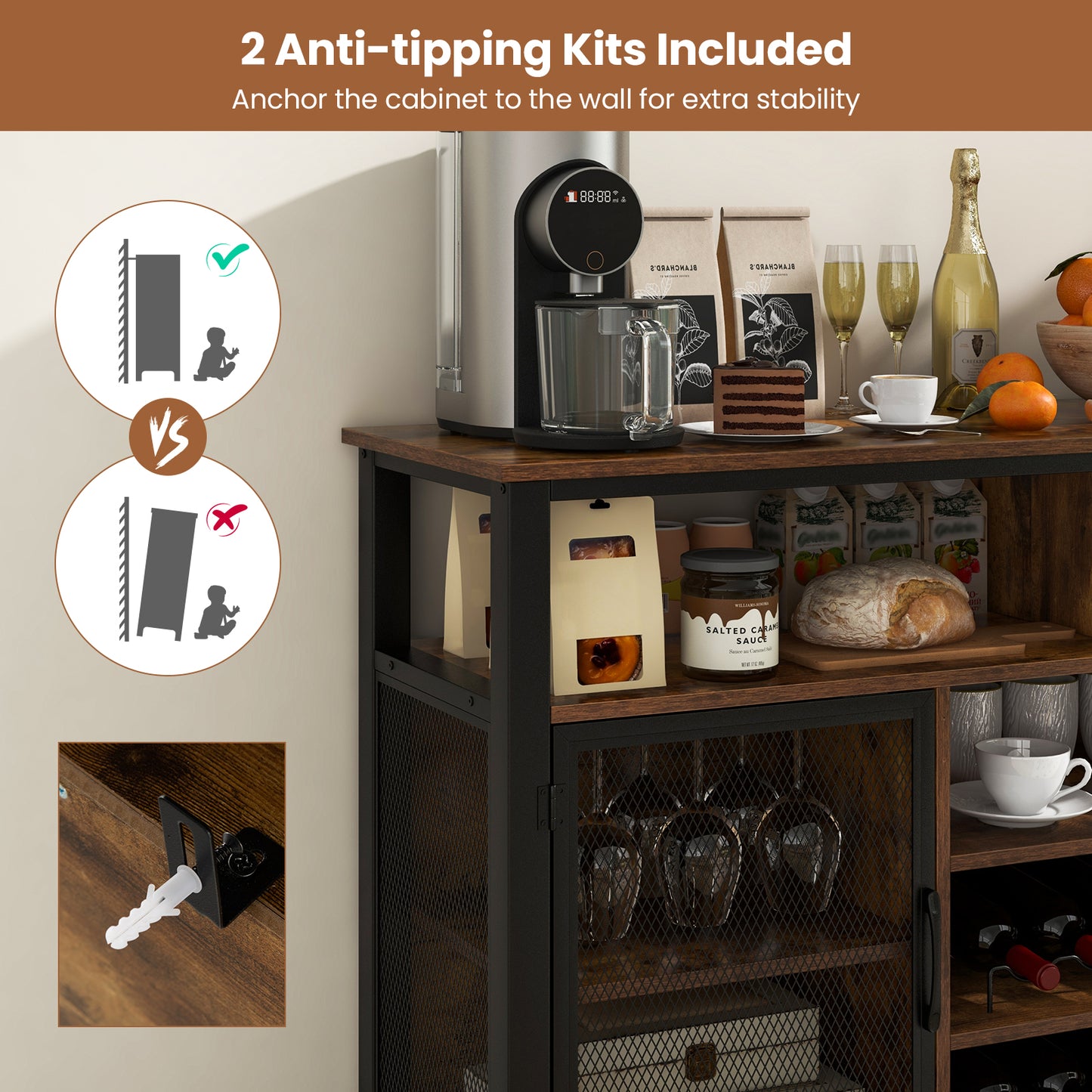 55 Inch Wine Bar Cabinet with Glass Holders, 8 Bottle Rack and Storage Shelves - Rustic Brown