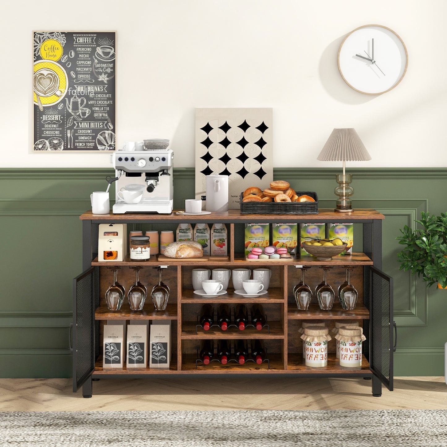 55 Inch Wine Bar Cabinet with Glass Holders, 8 Bottle Rack and Storage Shelves - Rustic Brown