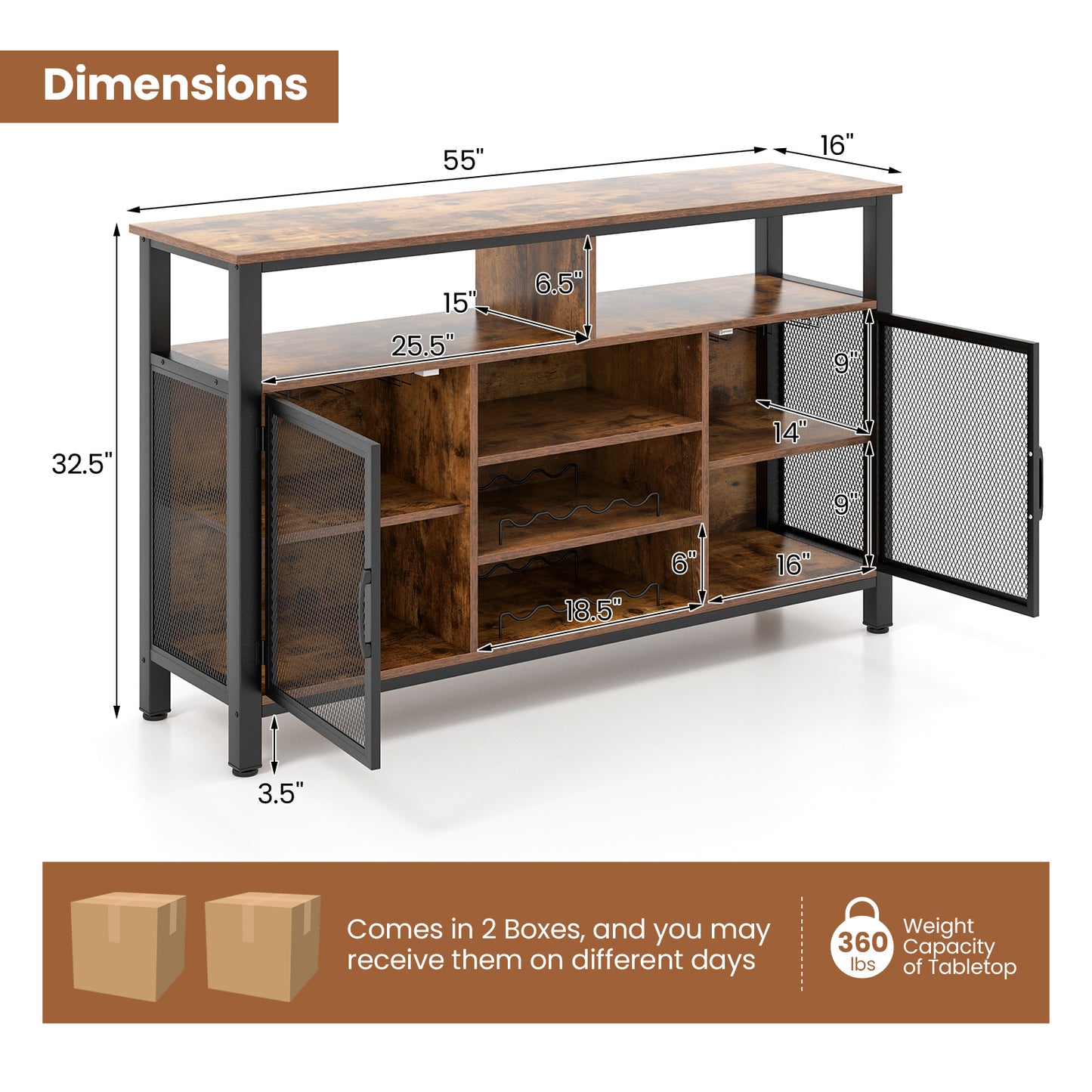 55 Inch Wine Bar Cabinet with Glass Holders, 8 Bottle Rack and Storage Shelves - Rustic Brown